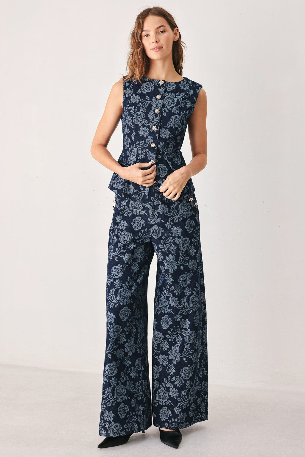 MIDNIGHT ROSE JACQUARD DENIM PANTS Flying Tomato