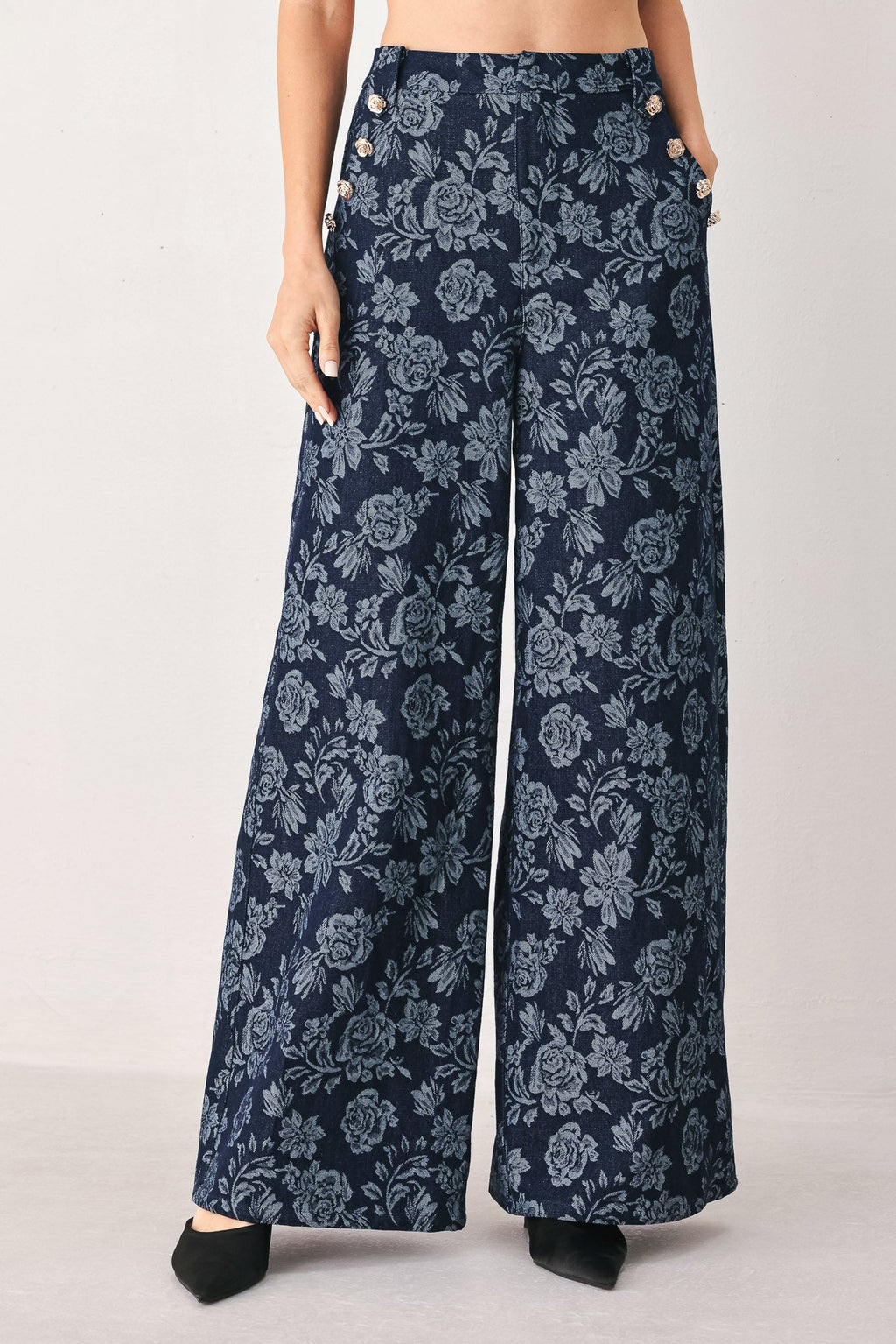 MIDNIGHT ROSE JACQUARD DENIM PANTS Flying Tomato