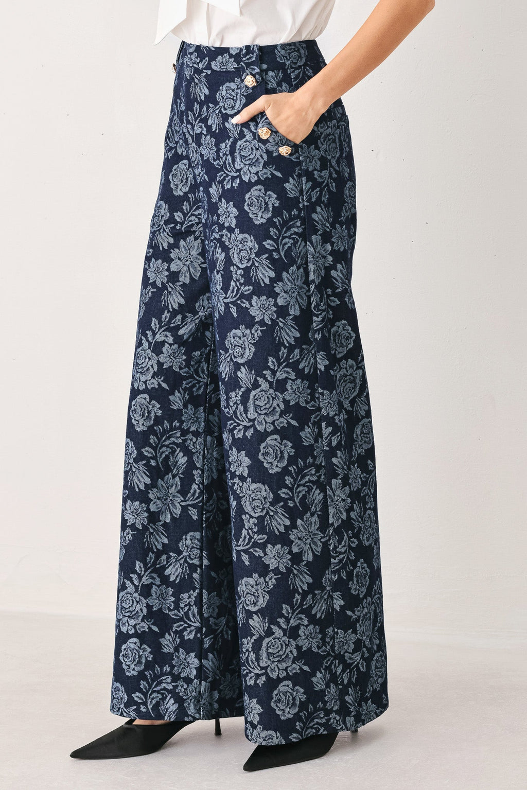 MIDNIGHT ROSE JACQUARD DENIM PANTS Flying Tomato
