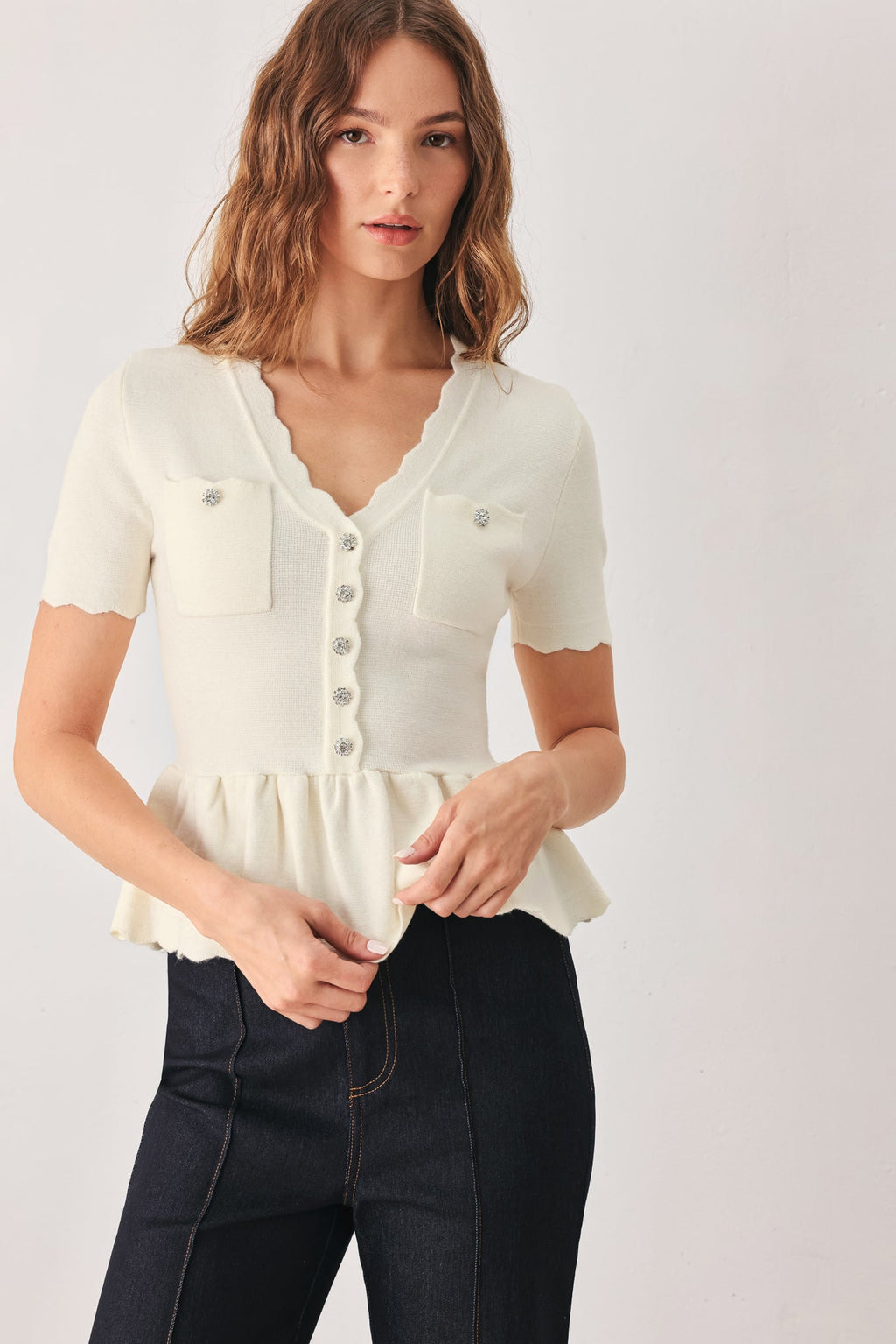 FROSTED CREAM POCKET-DETAIL SWEATER TOP Flying Tomato