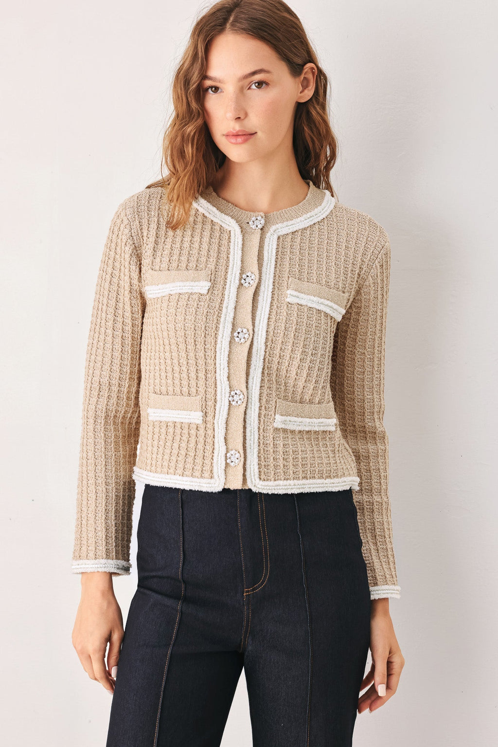 CAMELIA CONTRAST-BORDER CARDIGAN Flying Tomato
