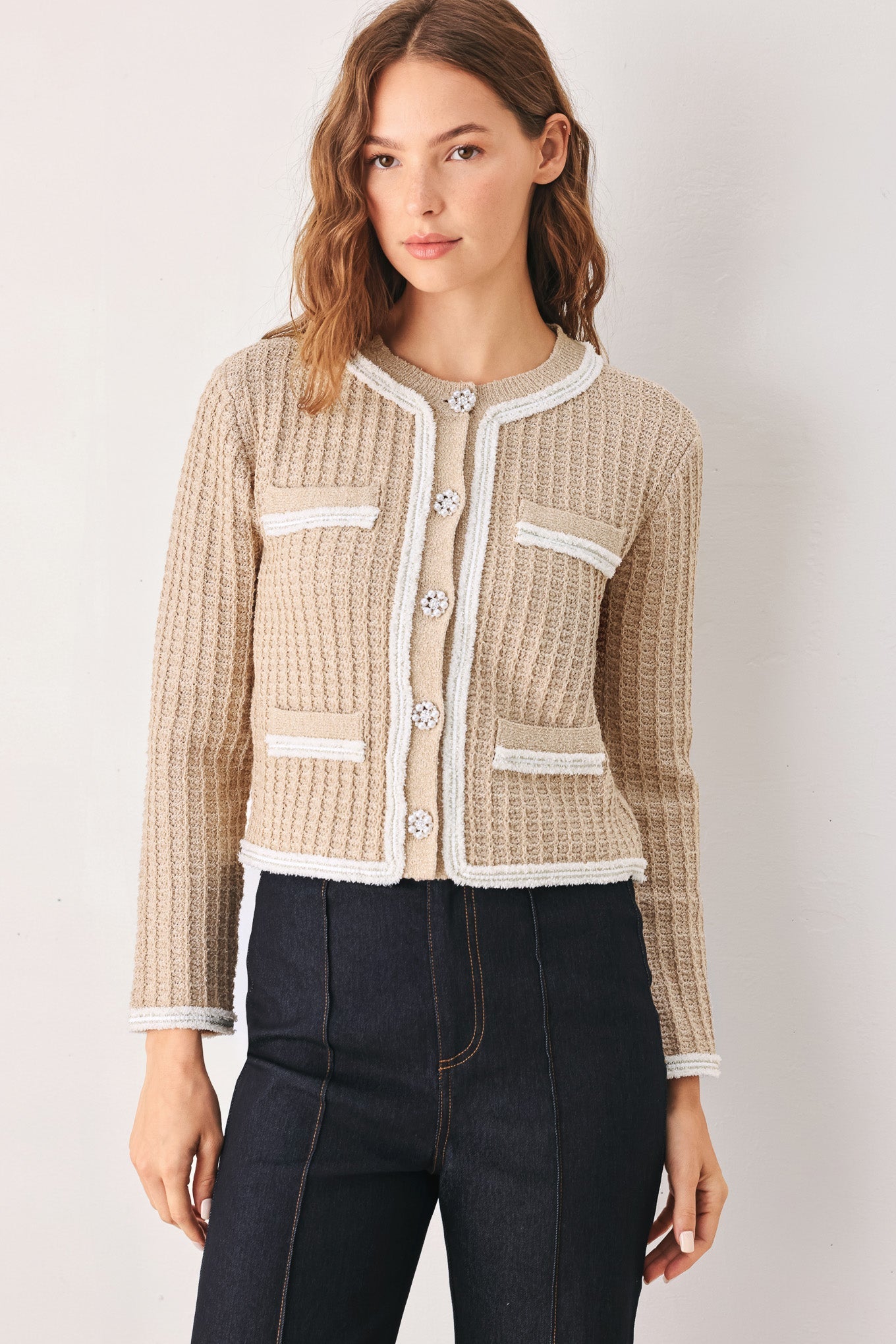 CAMELIA CONTRAST-BORDER CARDIGAN Flying Tomato