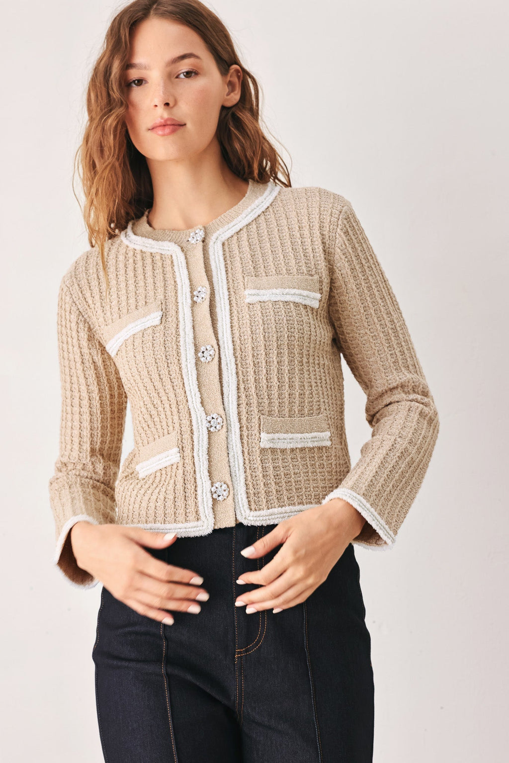 CAMELIA CONTRAST-BORDER CARDIGAN Flying Tomato