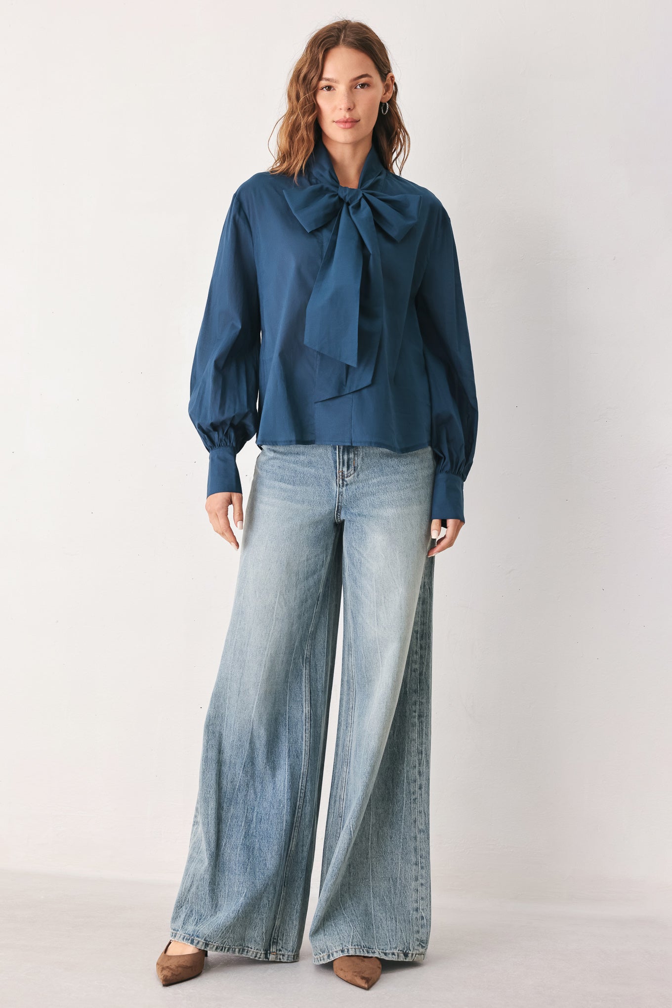 OCEAN INK PUSSY-BOW WOVEN TOP Flying Tomato