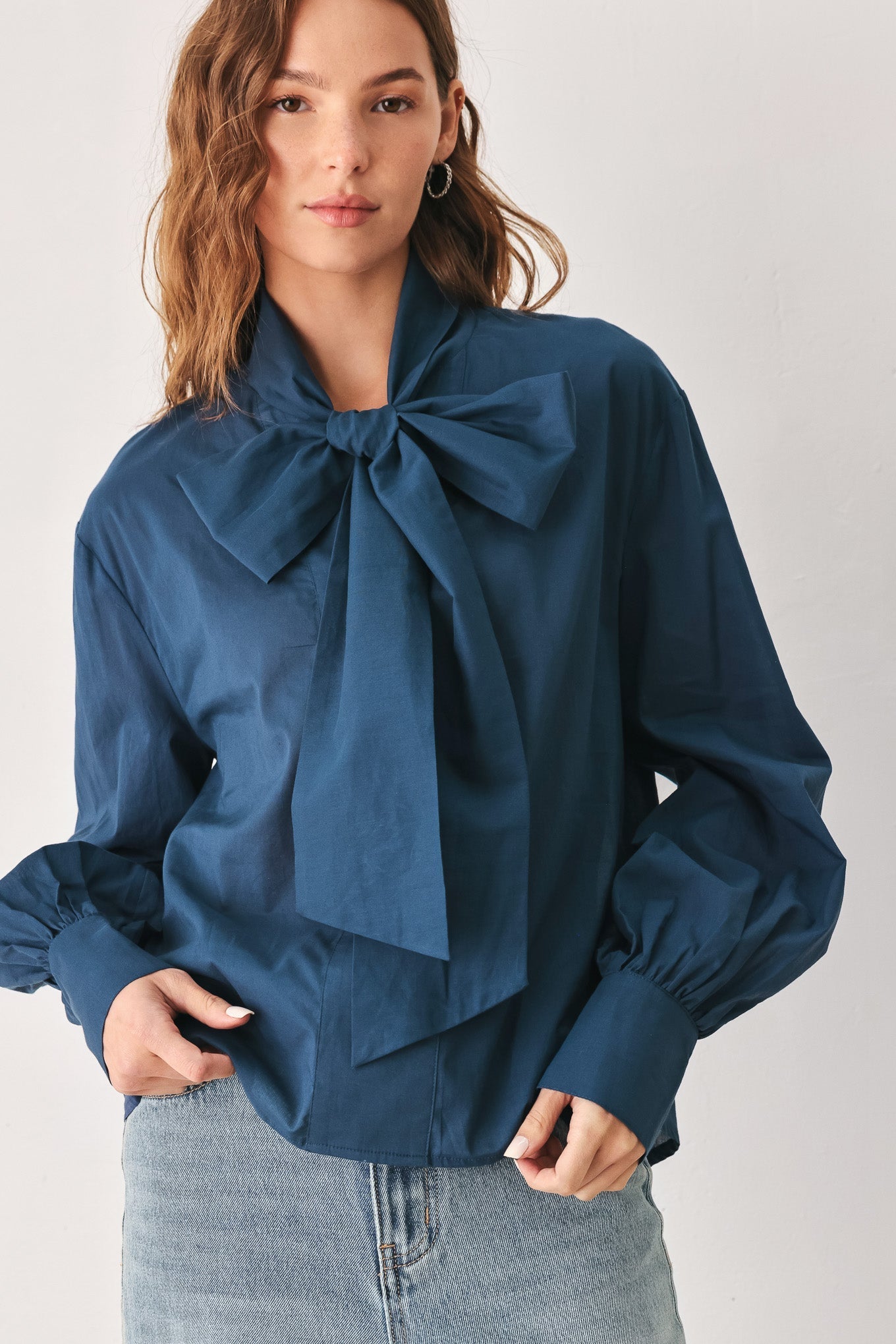 OCEAN INK PUSSY-BOW WOVEN TOP Flying Tomato