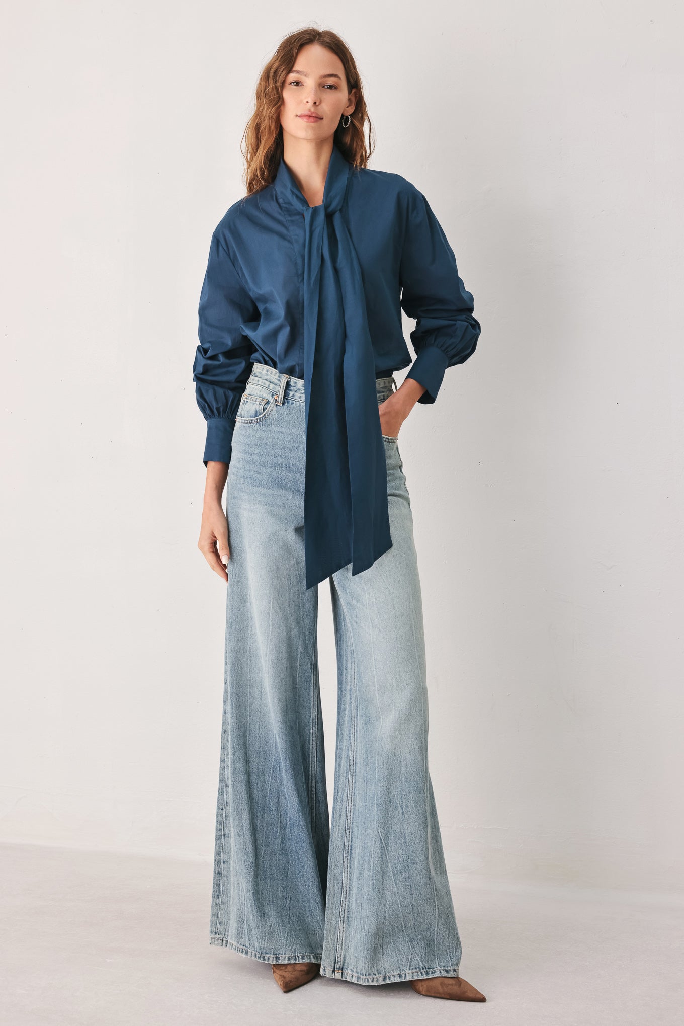 OCEAN INK PUSSY-BOW WOVEN TOP Flying Tomato
