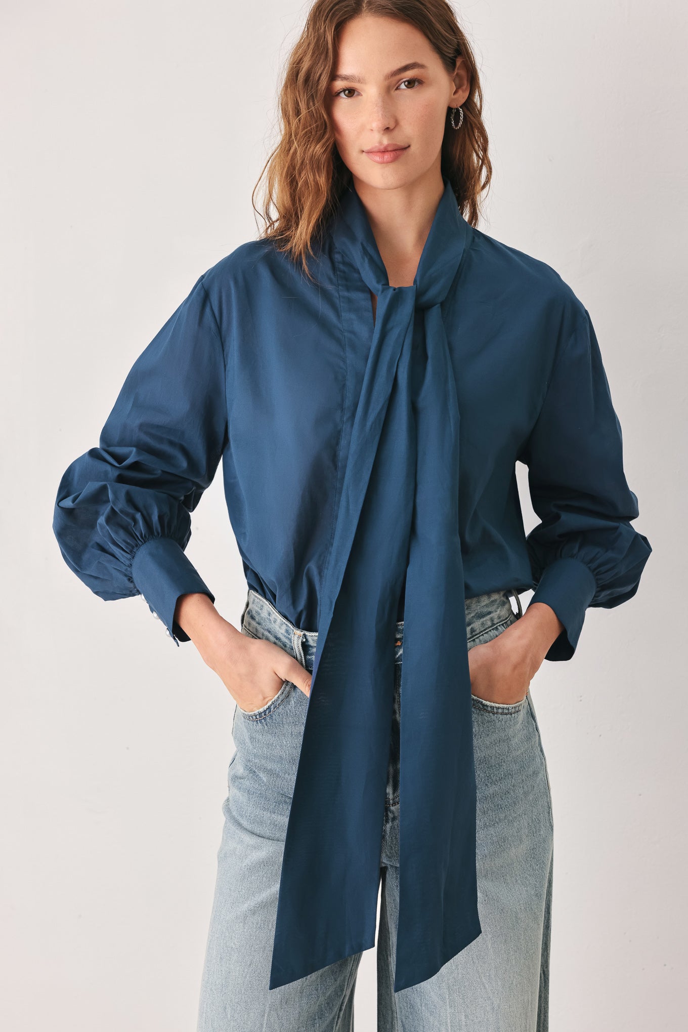 OCEAN INK PUSSY-BOW WOVEN TOP Flying Tomato