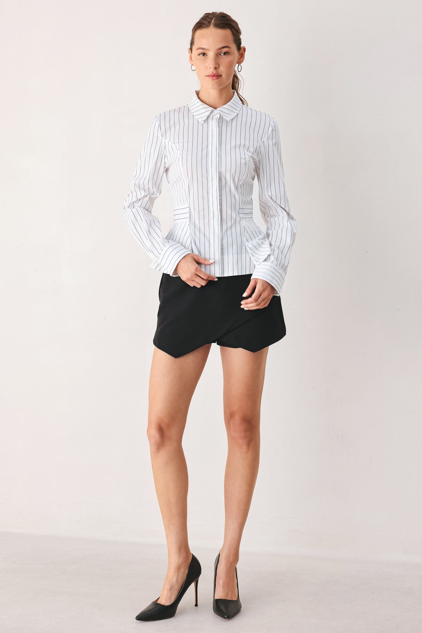 MODERNIST PINSTRIPE FLARED-WAIST WOVEN TOP Flying Tomato