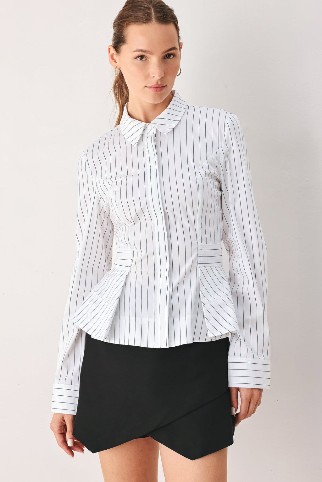 MODERNIST PINSTRIPE FLARED-WAIST WOVEN TOP Flying Tomato