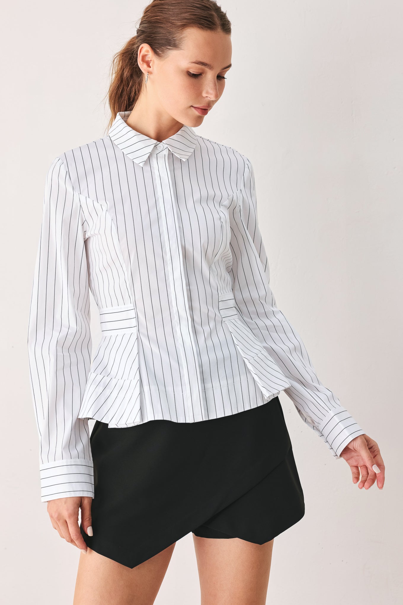 MODERNIST PINSTRIPE FLARED-WAIST WOVEN TOP Flying Tomato