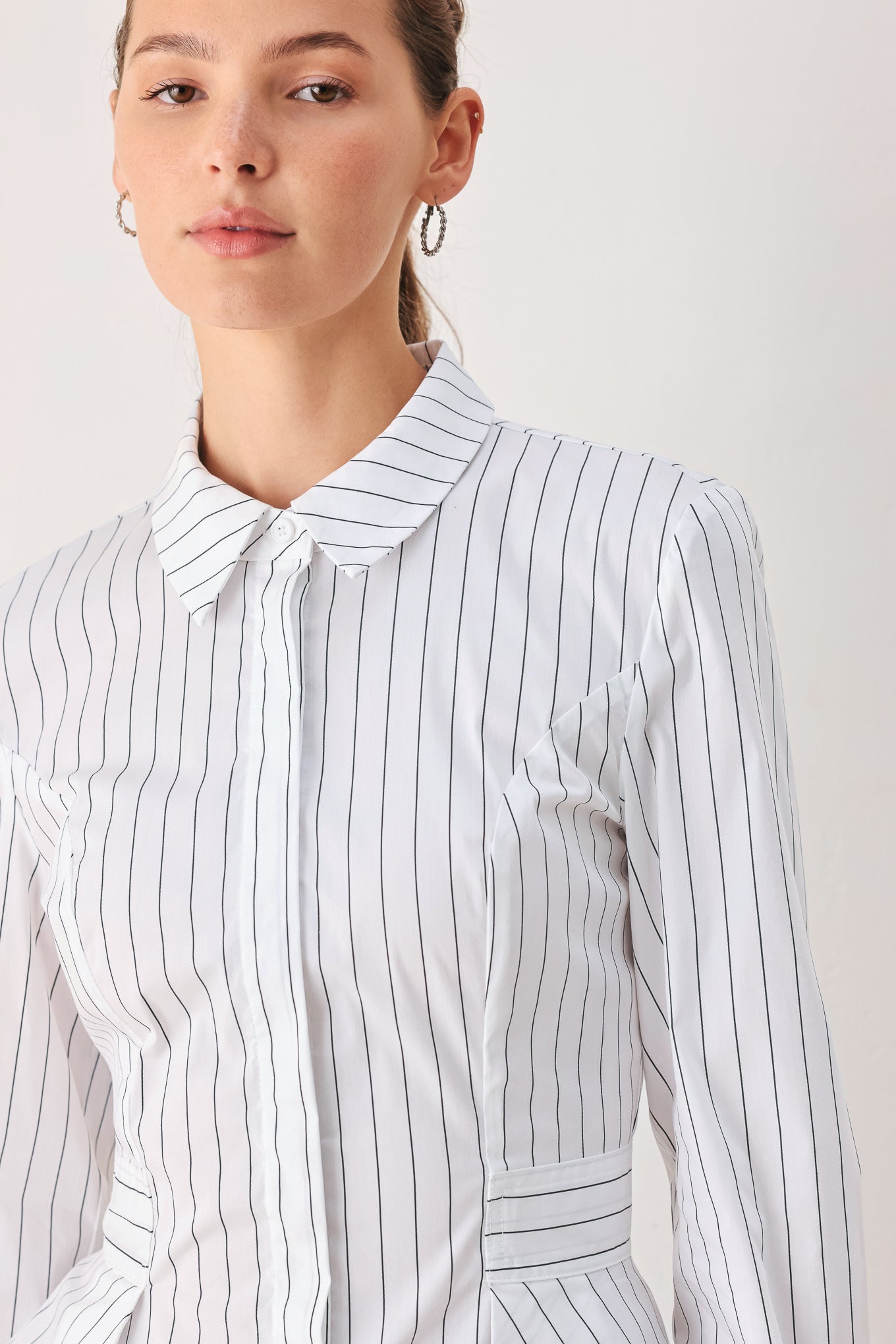 MODERNIST PINSTRIPE FLARED-WAIST WOVEN TOP Flying Tomato