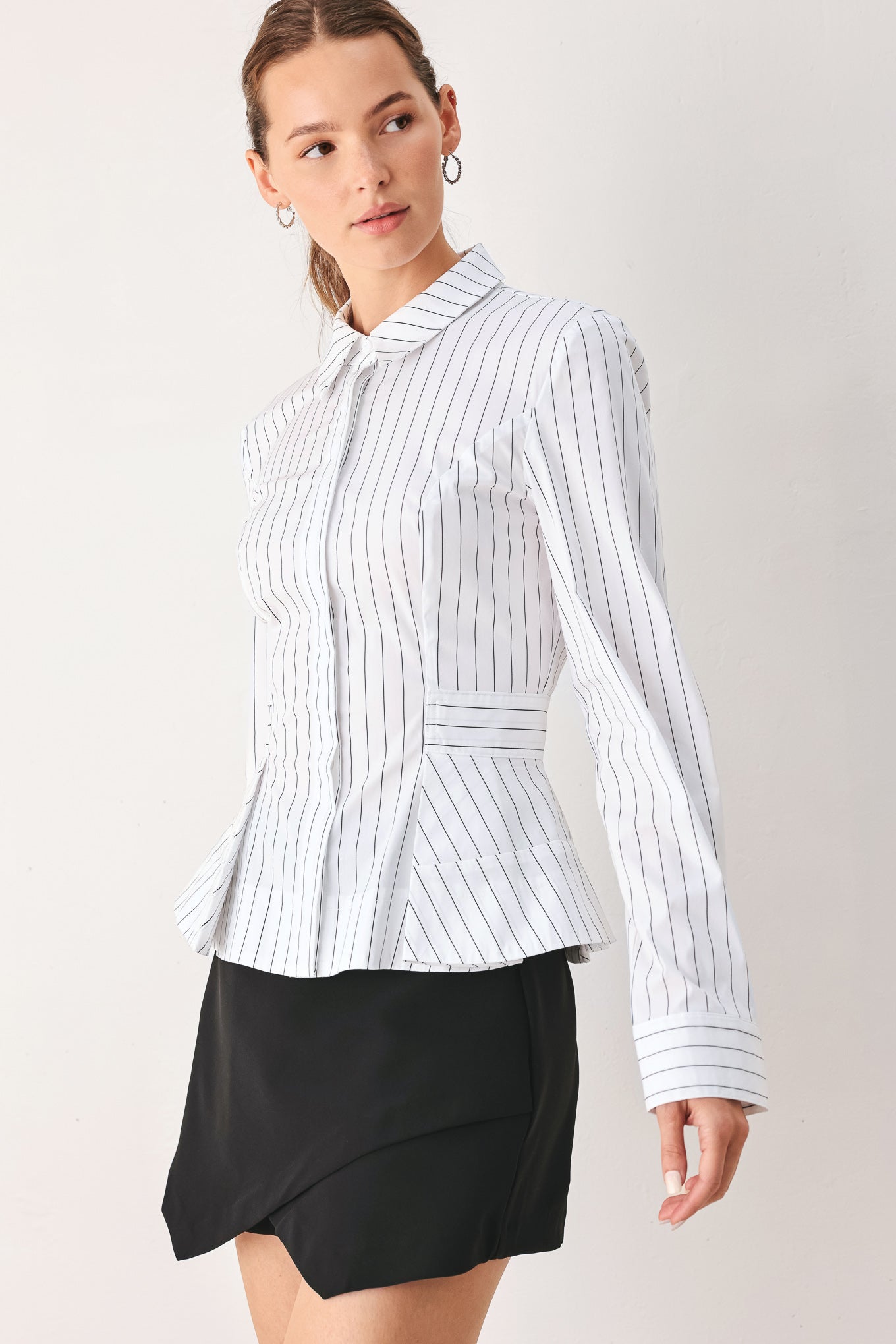 MODERNIST PINSTRIPE FLARED-WAIST WOVEN TOP Flying Tomato