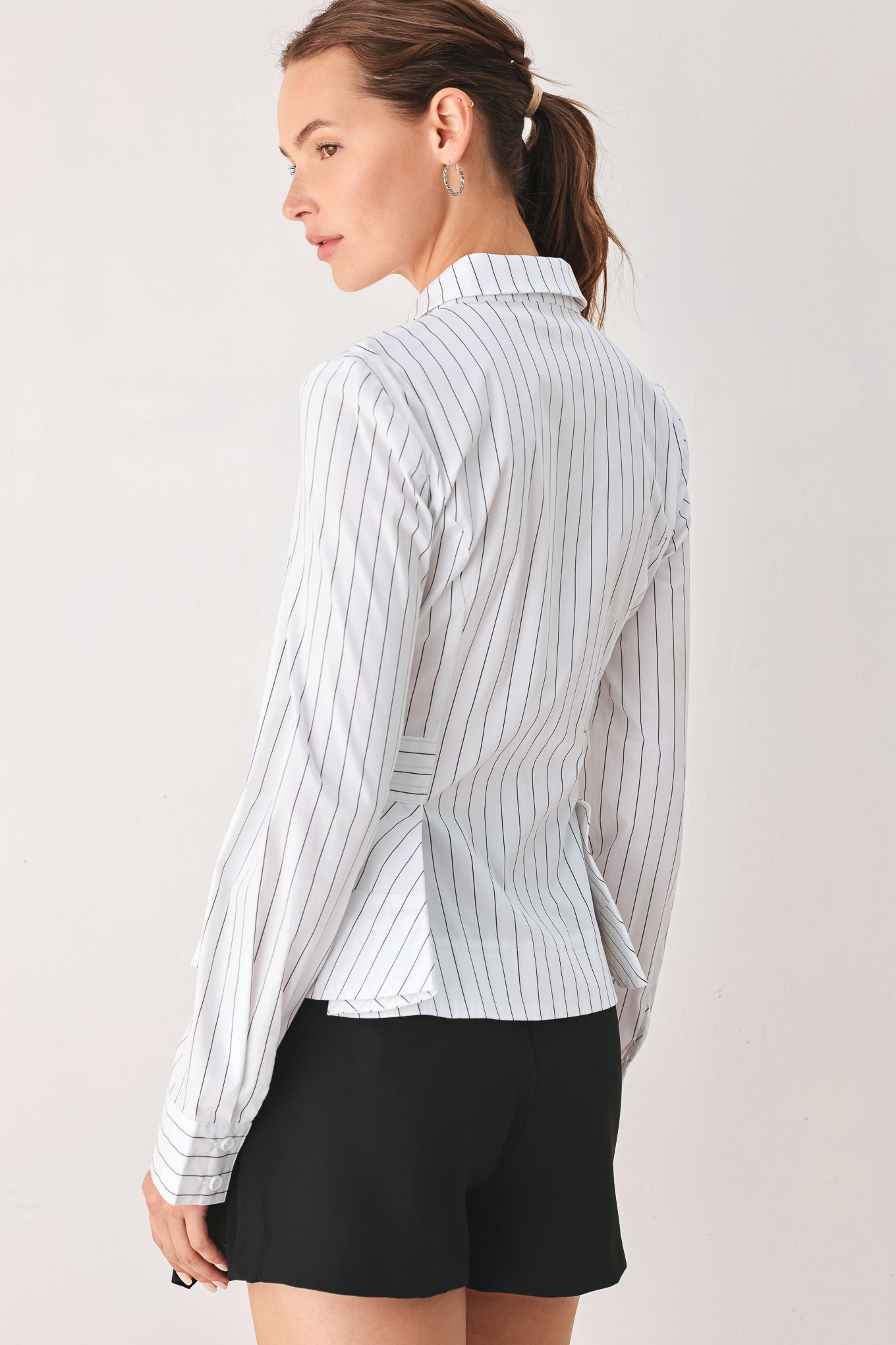 MODERNIST PINSTRIPE FLARED-WAIST WOVEN TOP Flying Tomato