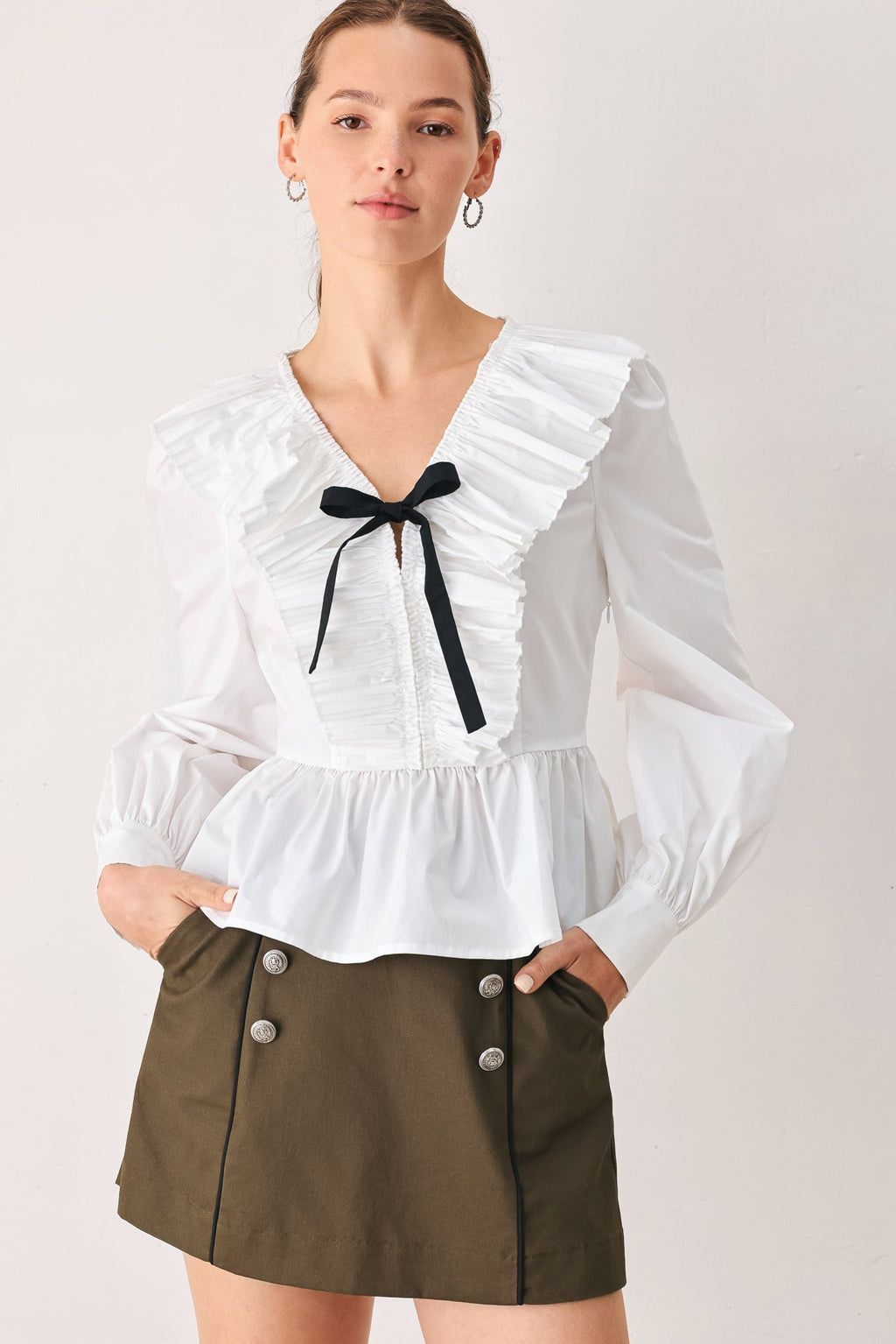 AMELIE PLEATED RUFFLE V-NECK WOVEN TOP Flying Tomato