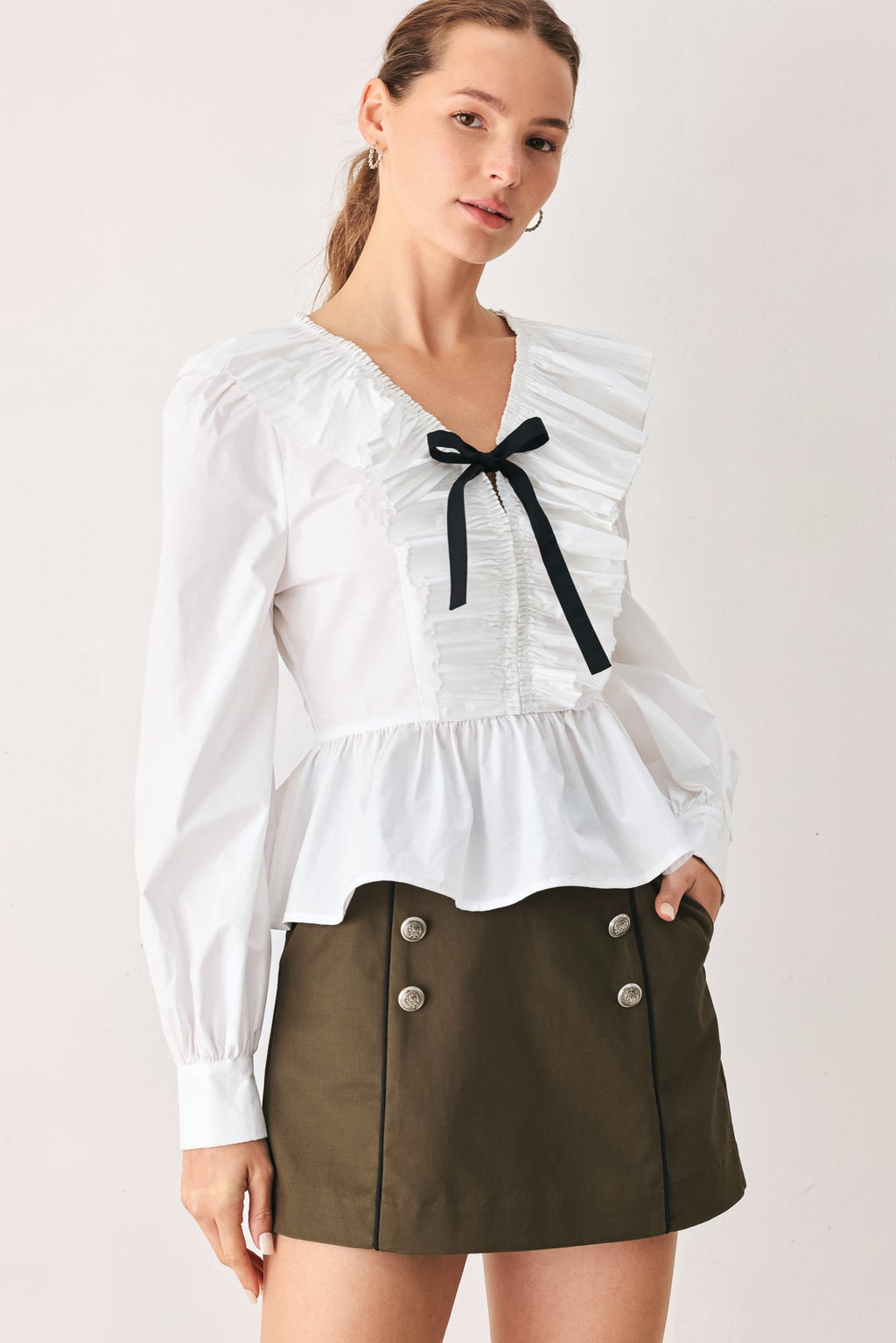 AMELIE PLEATED RUFFLE V-NECK WOVEN TOP Flying Tomato