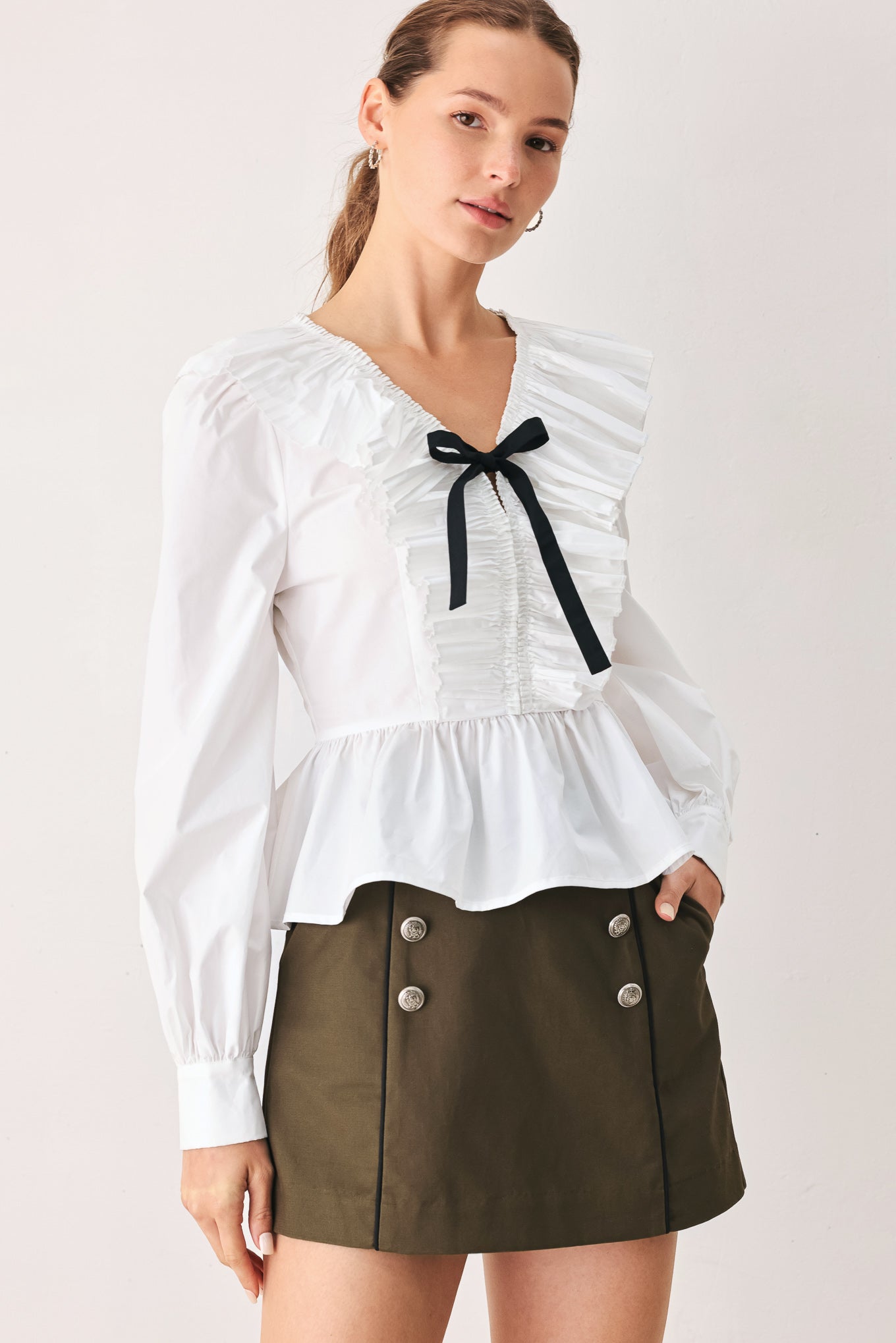 AMELIE PLEATED RUFFLE V-NECK WOVEN TOP Flying Tomato