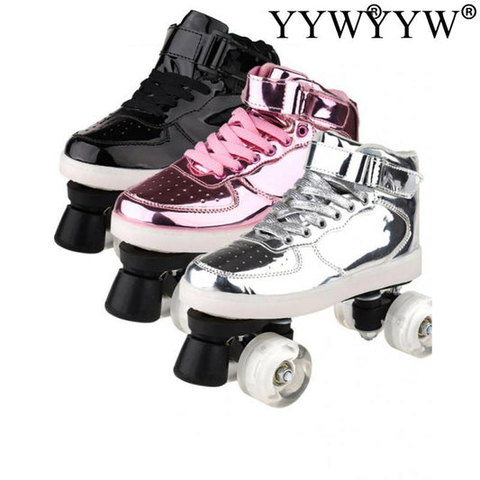 Flash Skates 4-Wheel Pu Roller Blade For Adult Kids USB Recharge Sneakers Roller Skates Hockey Double-Row Pulley Shoes Men Women