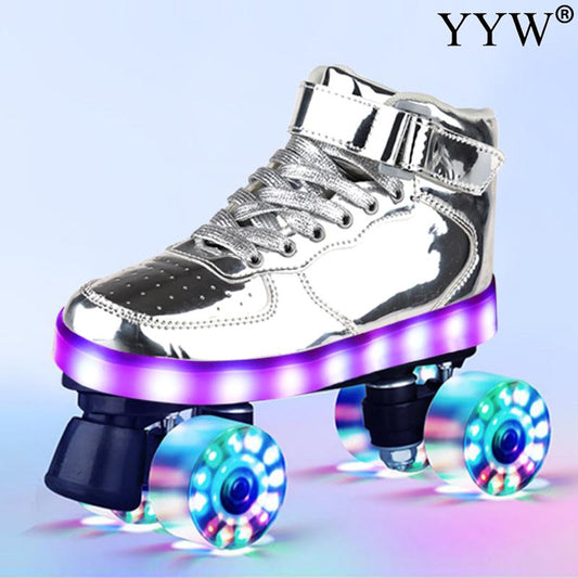 Flash Skates 4-Wheel Pu Roller Blade For Adult Kids USB Recharge Sneakers Roller Skates Hockey Double-Row Pulley Shoes Men Women