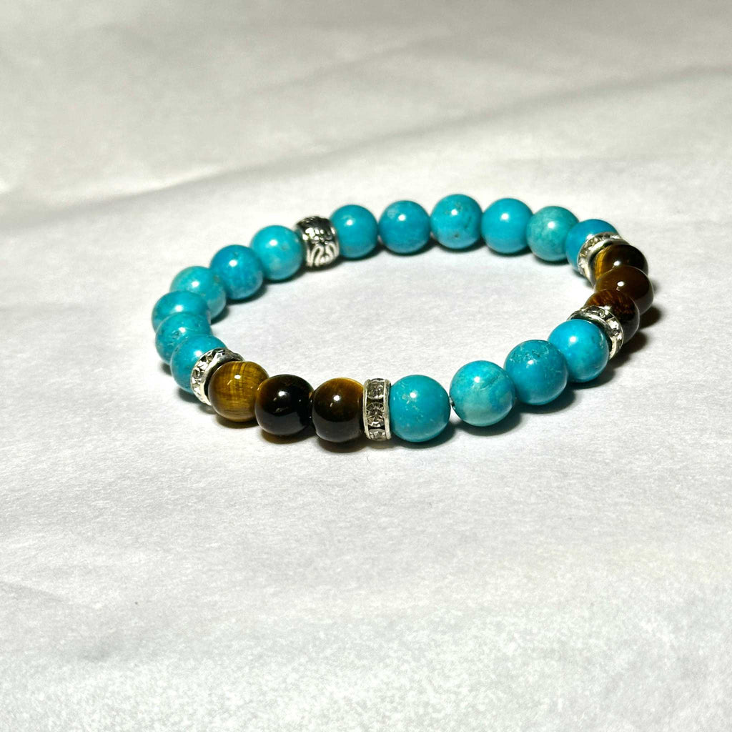 Blue Howlite and Tiger Eye Round Bead Bracelet 8mm - Balanced Emotions Sacred Crystals