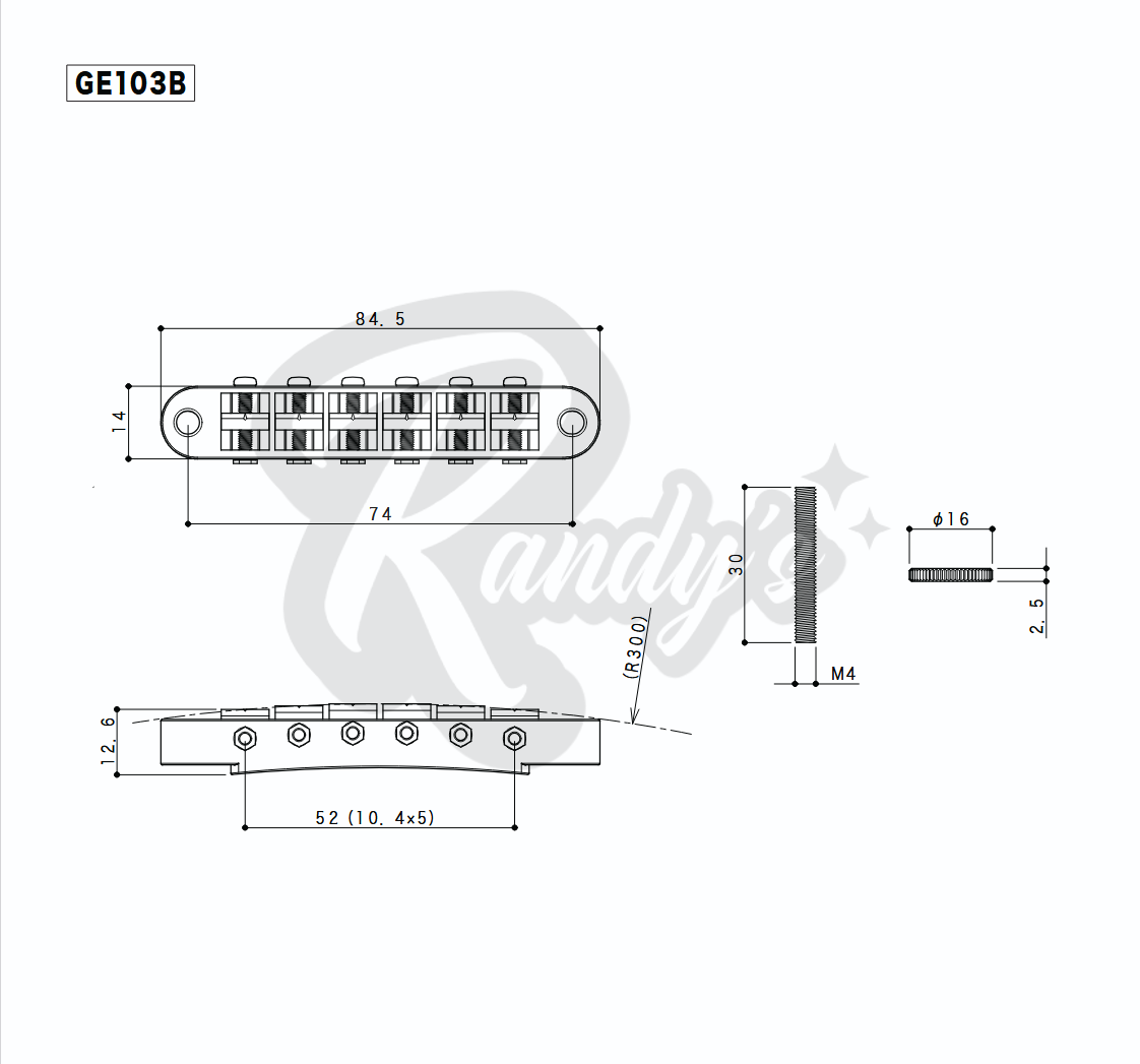GE103B Nashville Tune-O-Matic Bridge w/ M4 Posts - Fits Gibson® Randy's LLC