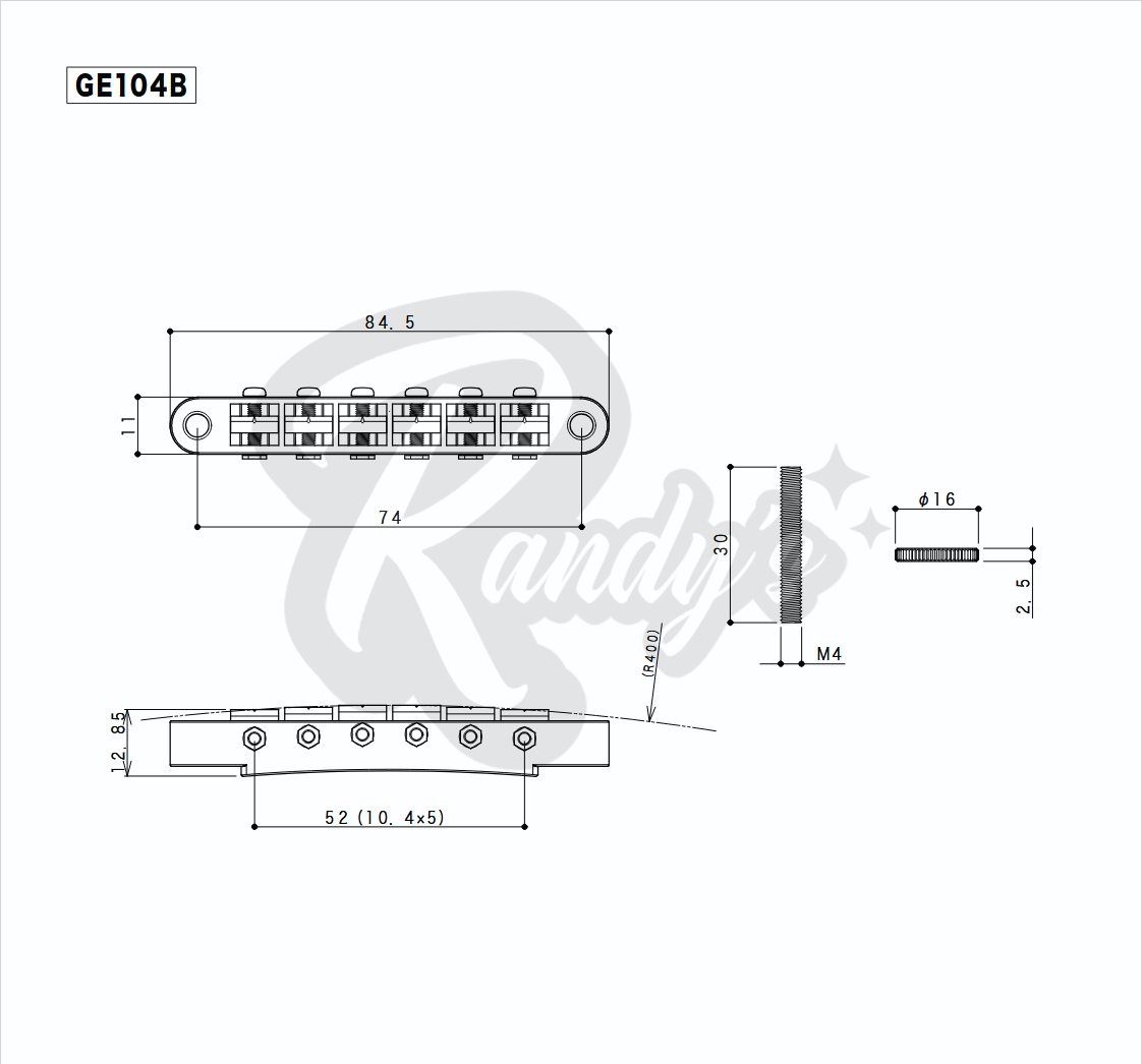 GE104B Nashville Tune-O-Matic Bridge w/ M4 Posts - Fits Gibson® Randy's LLC