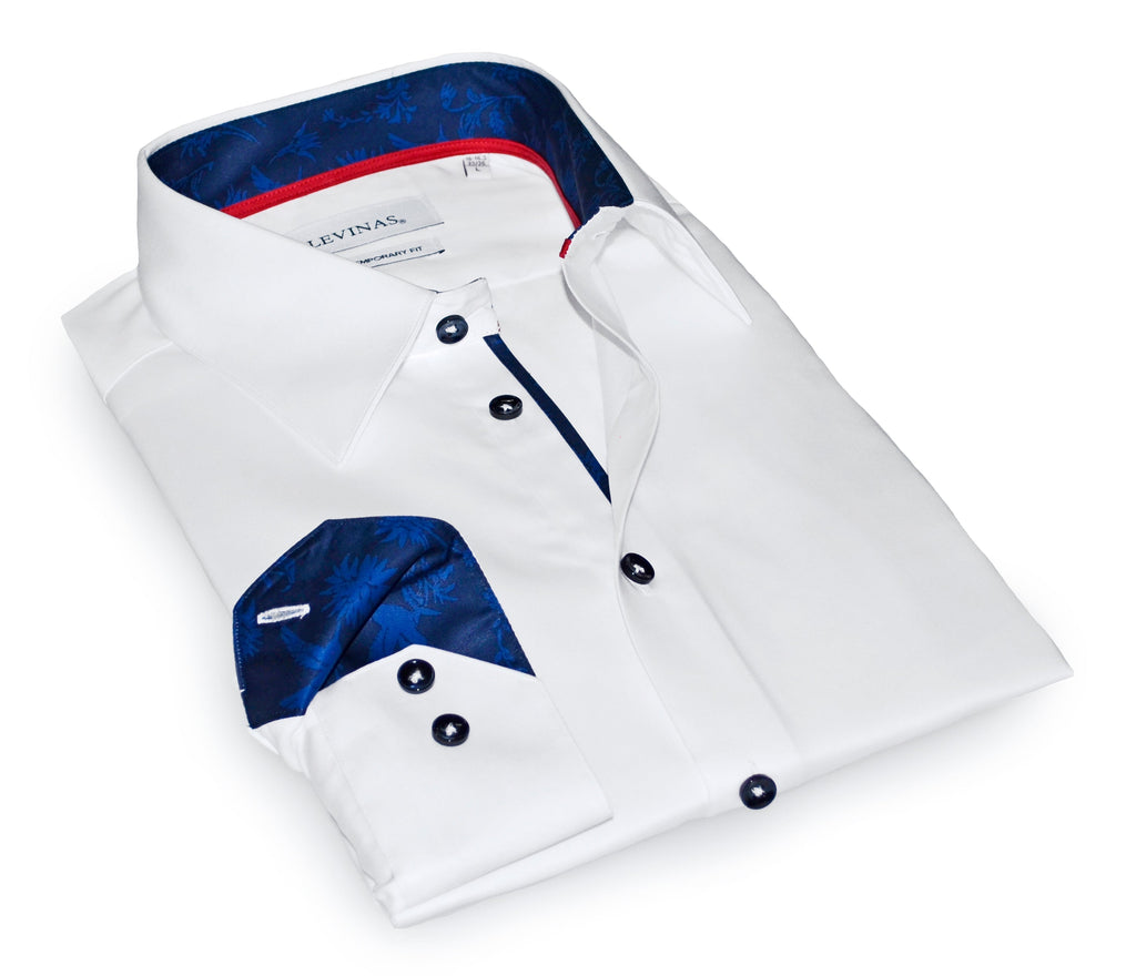 Gabe  Button-Up Shirt With Contrast Details // White  // Contemporary Fit (Regular)- final sale LEVINAS® Official