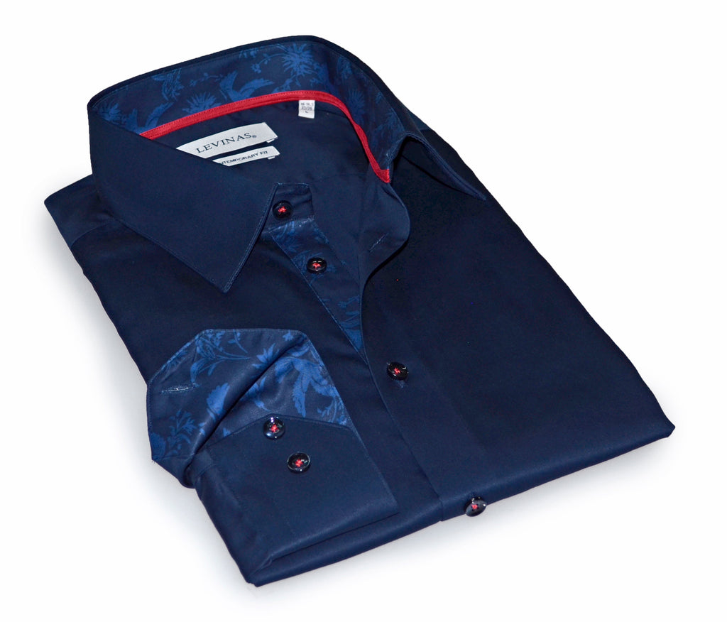 Geo  Button-Up Shirt With Contrast Details // Navy // Contemporary Fit (Regular) LEVINAS® Official