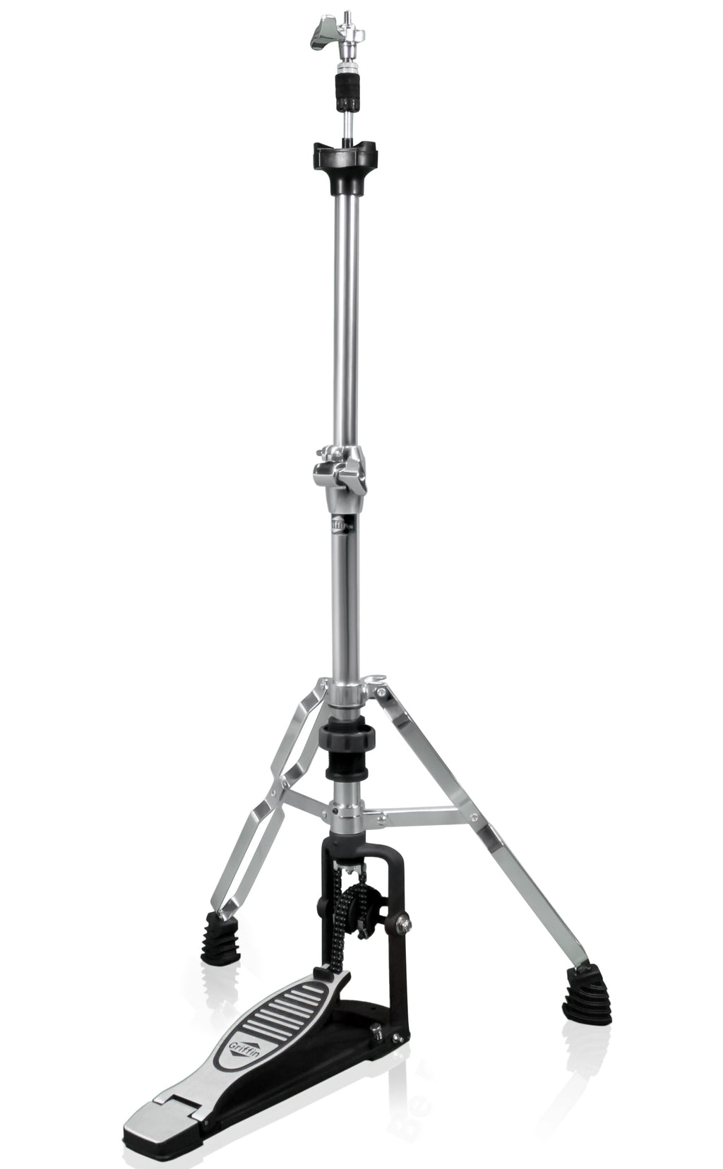 Premium 2 Leg Hi-Hat Stand by GRIFFIN | Heavy Duty Hihat Cymbal Foot Pedal with Drum Key | Folding Two Leg Style Converts to a No Leg High Hat Mount | Double Braced Chrome Percussion Hardware Mount GeekStands.com