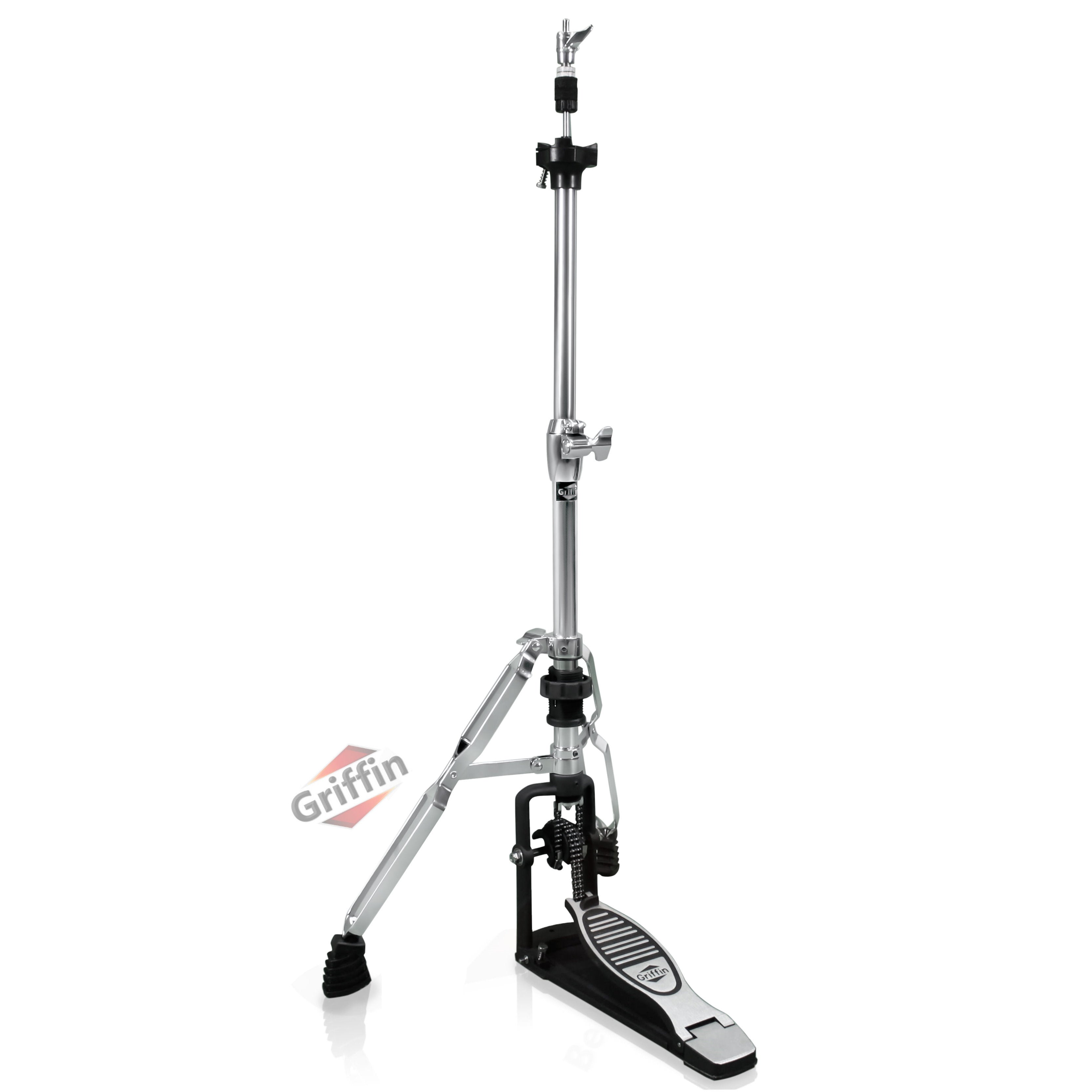 Premium 2 Leg Hi-Hat Stand by GRIFFIN | Heavy Duty Hihat Cymbal Foot Pedal with Drum Key | Folding Two Leg Style Converts to a No Leg High Hat Mount | Double Braced Chrome Percussion Hardware Mount GeekStands.com