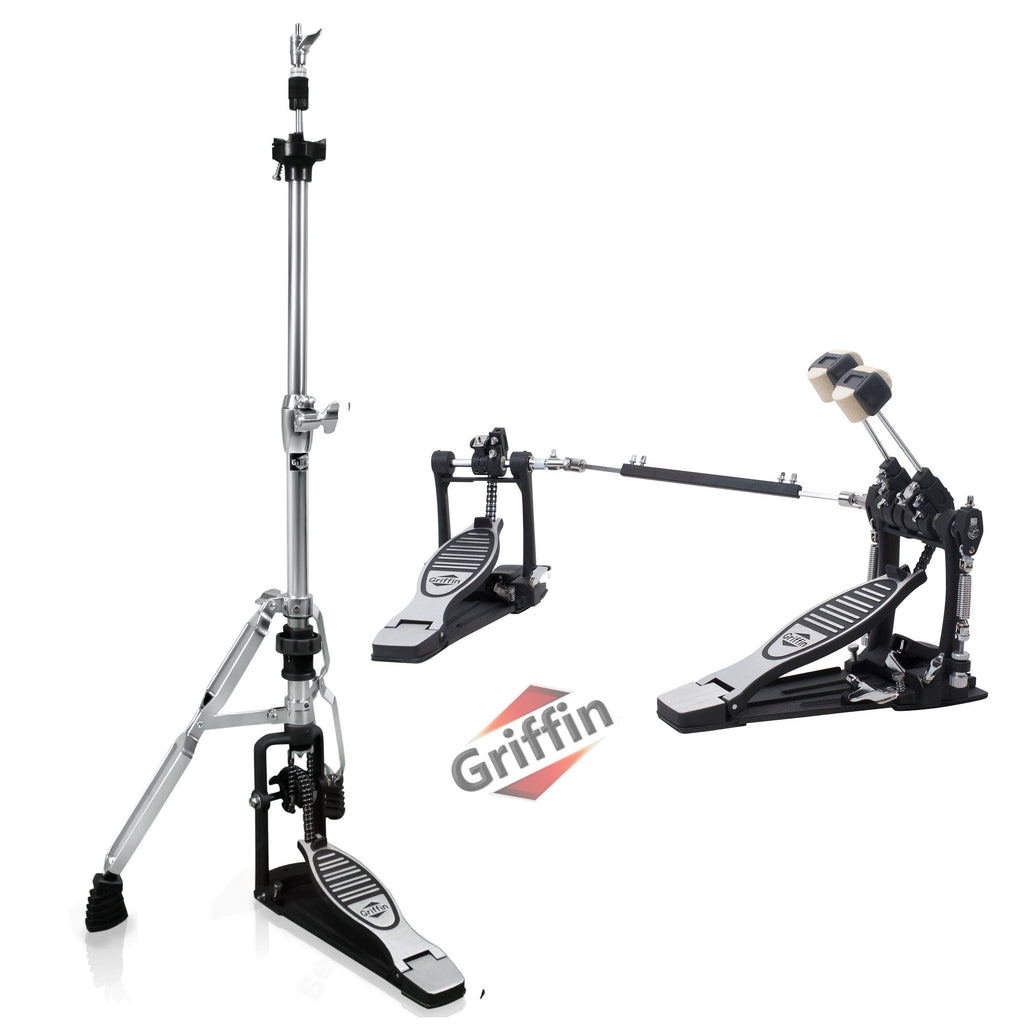 GRIFFIN Deluxe 2-Pack Drum Hardware Kit - Double Kick Drum Bass Pedal & 2-Legged Premium Hi-Hat Stand | Quad Sided Beater Head | Dual Chain Drive System | Impressive Response for Metal & Rock Drummers GeekStands.com
