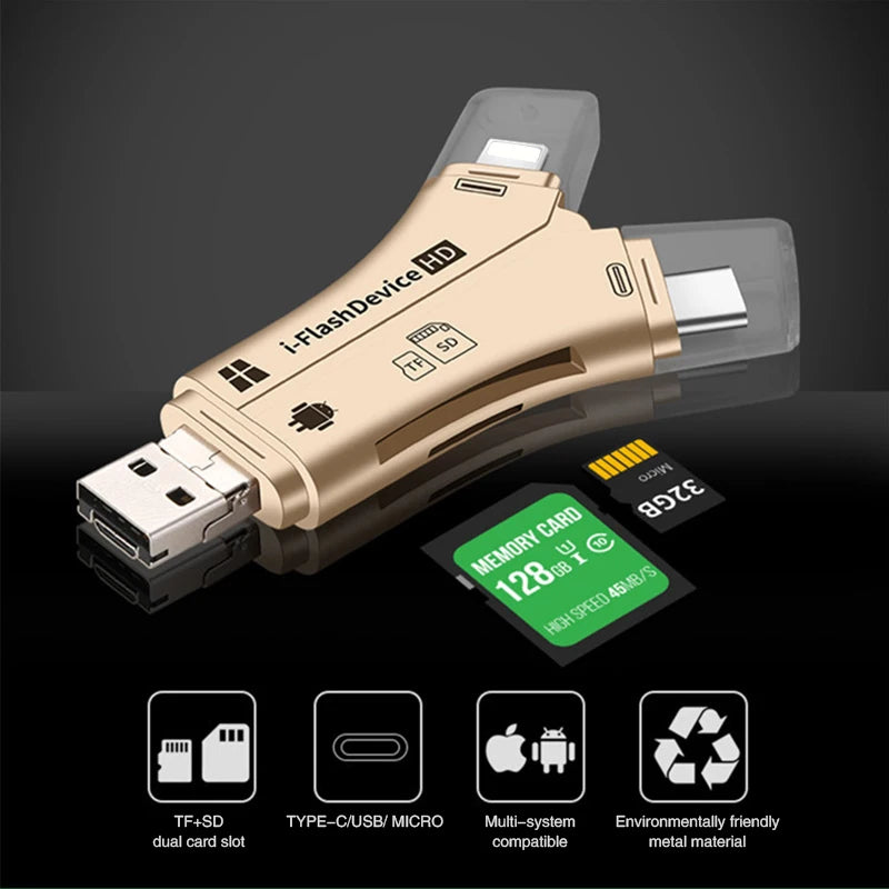 Multi-function 4 in 1 i Flash Drive USB C Micro SD/TF Card Reader For iPhone For iPad Macbook Android Type-C Lighting USB2.0