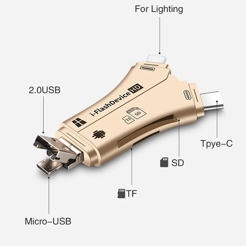 Multi-function 4 in 1 i Flash Drive USB C Micro SD/TF Card Reader For iPhone For iPad Macbook Android Type-C Lighting USB2.0