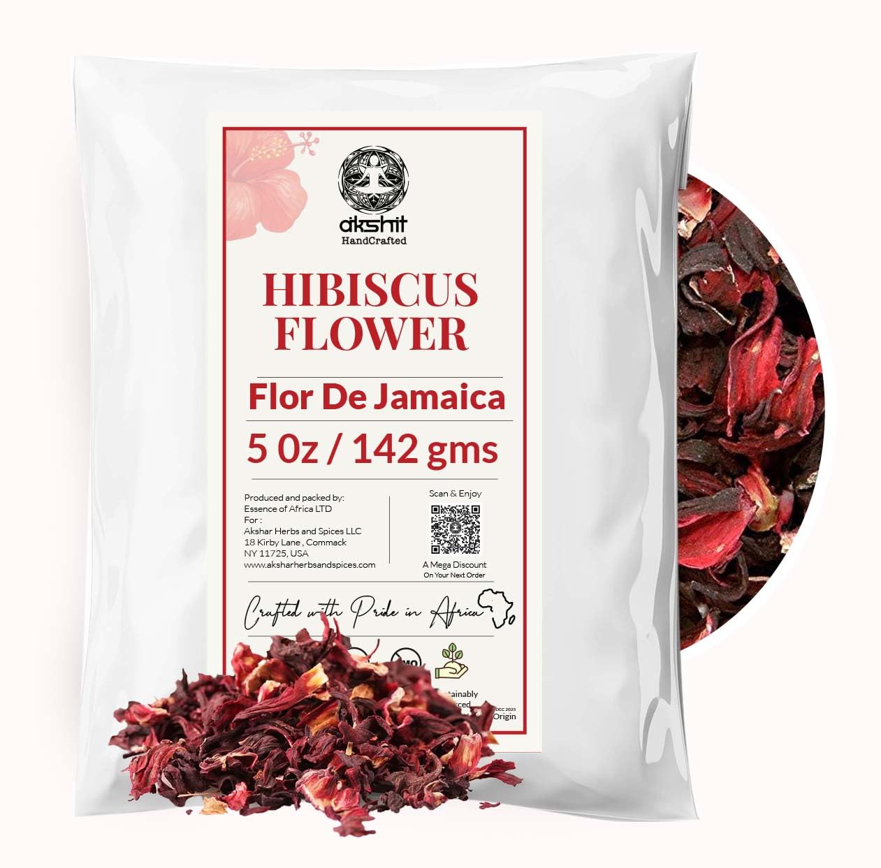 Dried Hibiscus Flowers 5oz – Loose Leaf Herbal Tea | Caffeine-Free, Non-GMO, Vegan Akshit