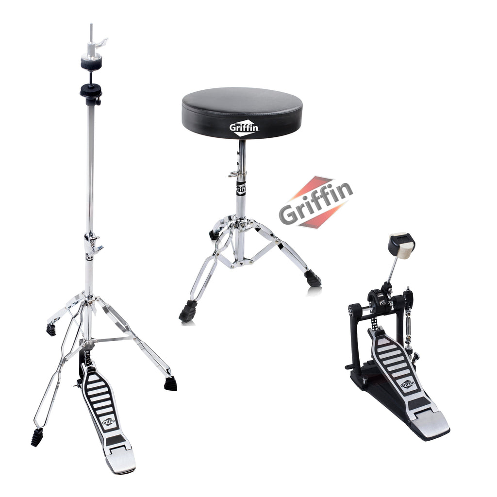 GRIFFIN Drum Hardware Set (3-Piece Kit) - Bass Drum Kick Pedal, Drummer's Throne Seat & Hi-Hat Stand - Deluxe Chrome Percussion Set for Mounting Crash, Ride & Splash Cymbals GeekStands.com
