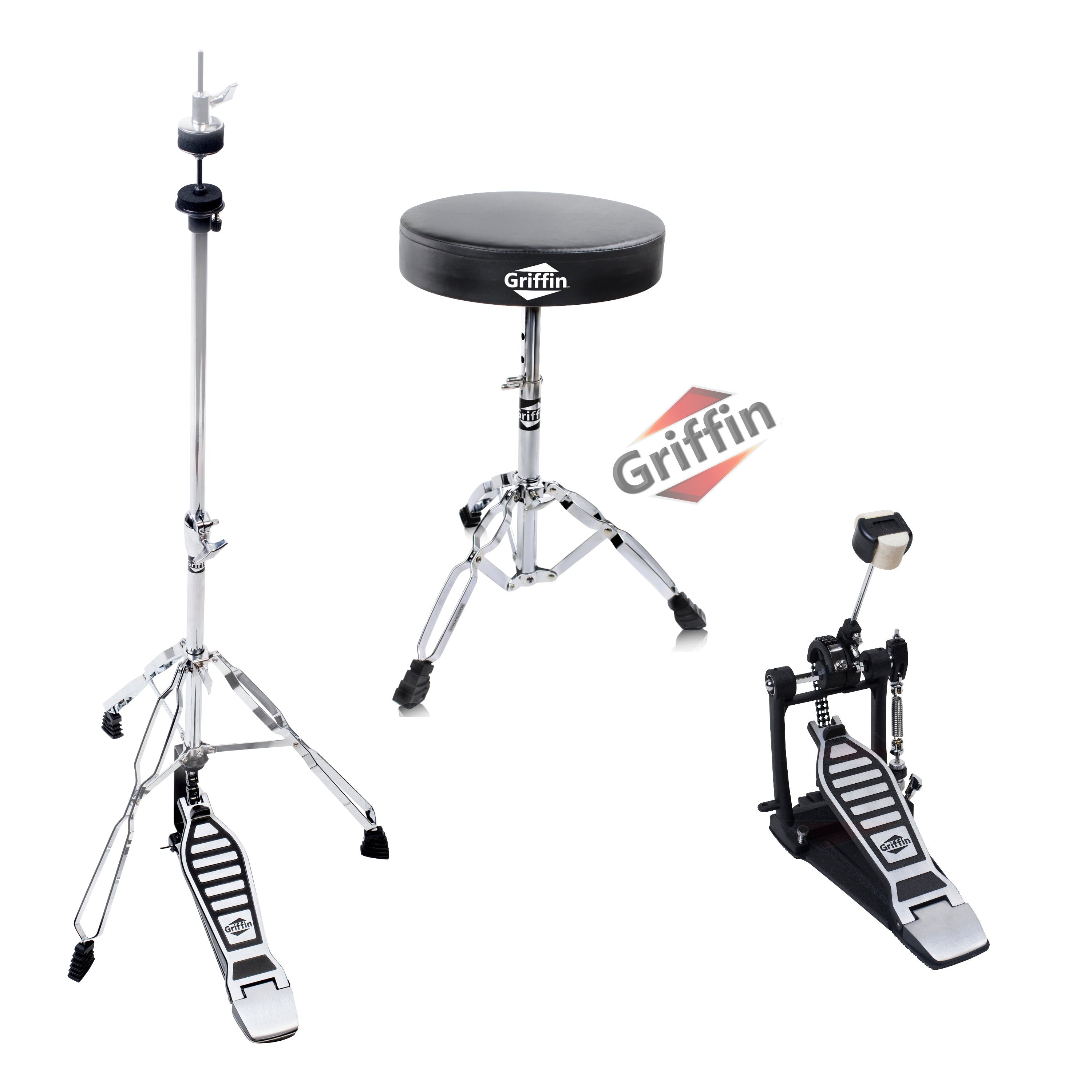 GRIFFIN Drum Hardware Set (3-Piece Kit) - Bass Drum Kick Pedal, Drummer's Throne Seat & Hi-Hat Stand - Deluxe Chrome Percussion Set for Mounting Crash, Ride & Splash Cymbals GeekStands.com