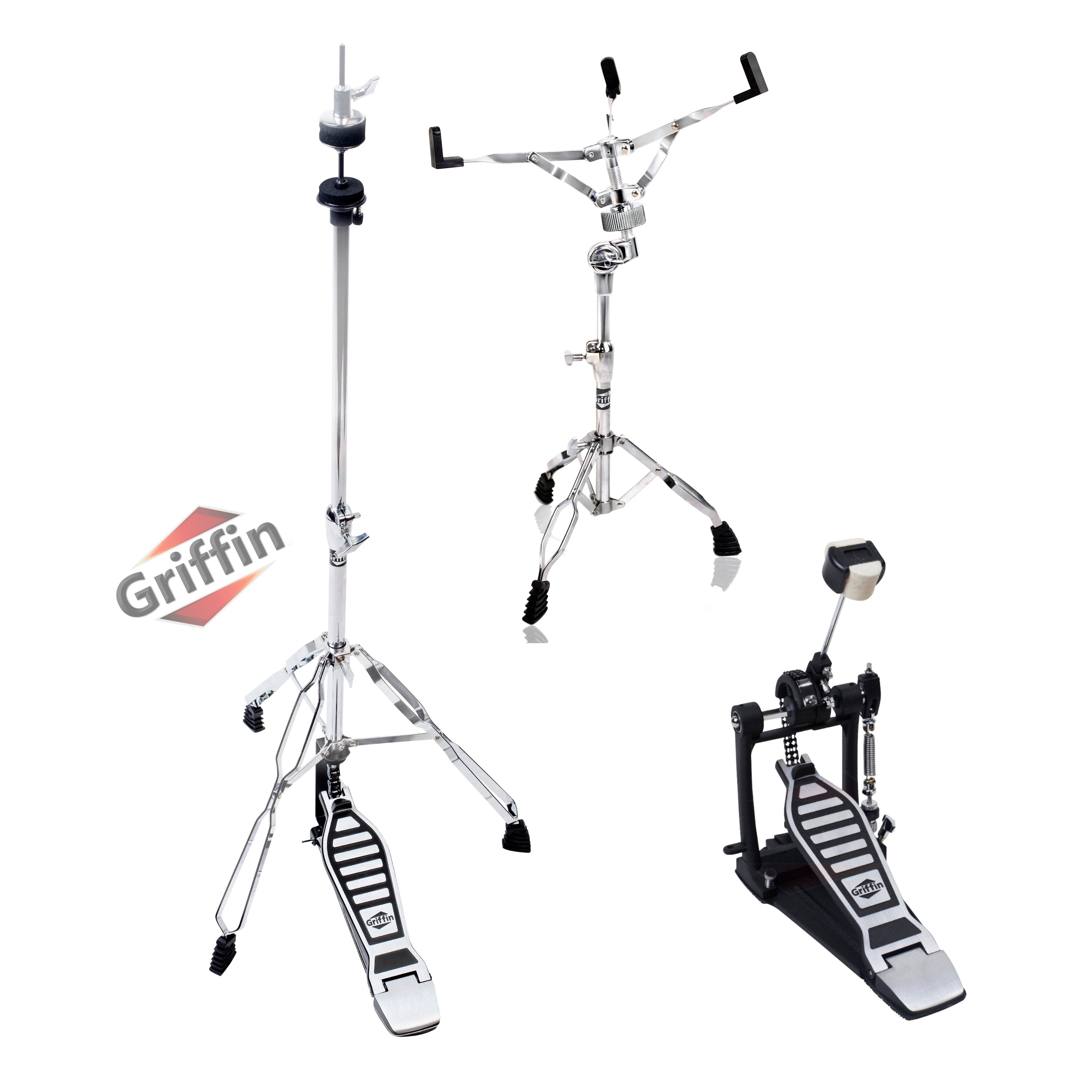 Hi-Hat Stand, Kick Drum Pedal & Snare Stand Hardware Kit (3-Piece Kit) by GRIFFIN - Deluxe Full-Size Percussion Chrome Set with Double-Braced Legs - Lightweight, Portable & Mobile, Perfect for Drummer Gigs & Live Performances GeekStands.com