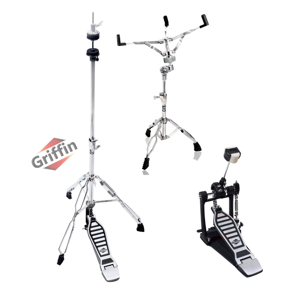 3 PACK - Hi-Hat Stand, Kick Drum Pedal & Snare Stand Hardware Kit by GRIFFIN | Deluxe Full Size Percussion Chrome Hardware Set | Lightweight, Portable & Mobile, Perfect for Drummer Gigs GeekStands.com