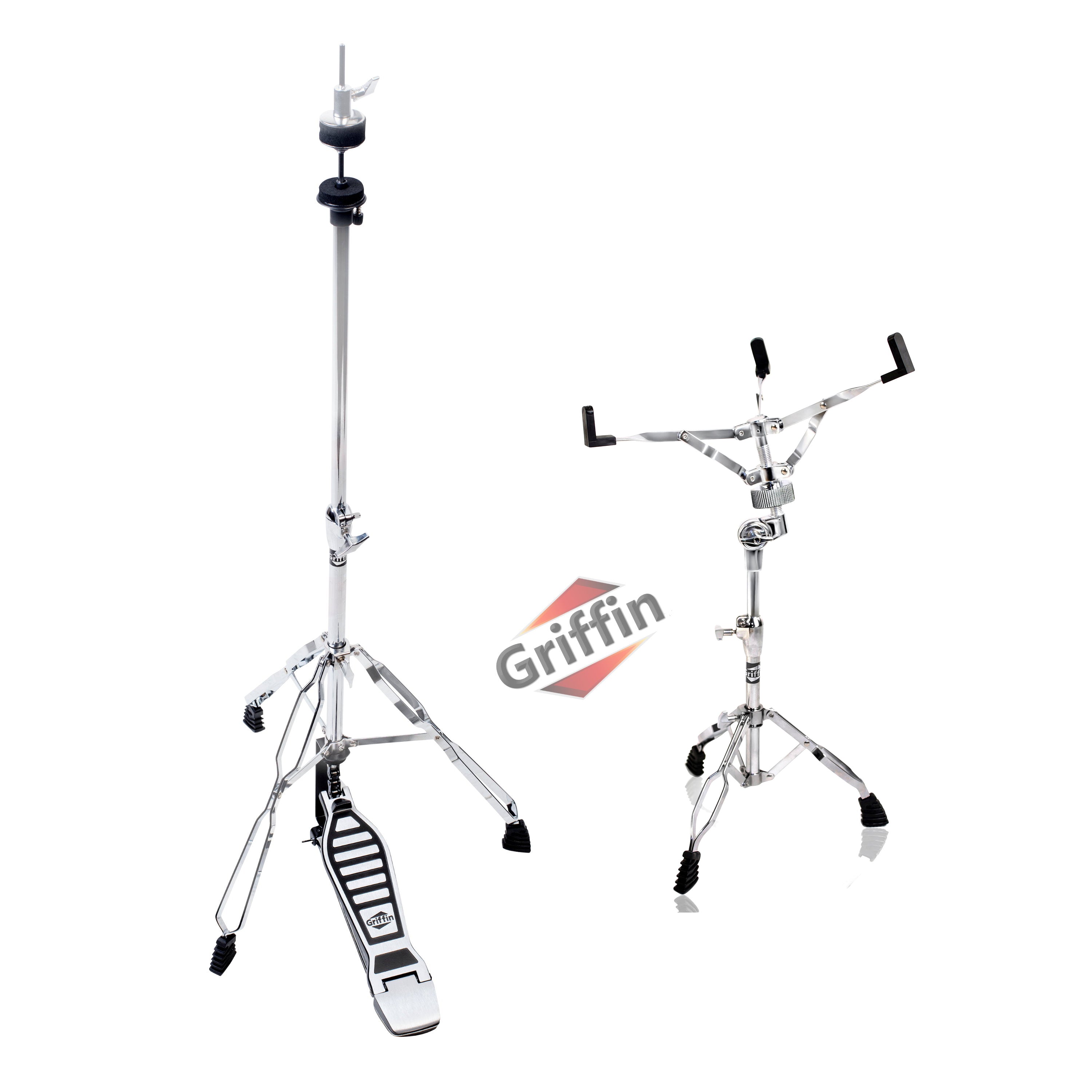 2-PACK Drum Hardware Set- Hi-Hat Stand & Snare Drum Stand by GRIFFIN | Hi Hat Cymbal Pedal With Pull Chain | Chrome Double Braced Kit | Mount Basket for Standard Snares, Tom Drums & Practice Pad GeekStands.com