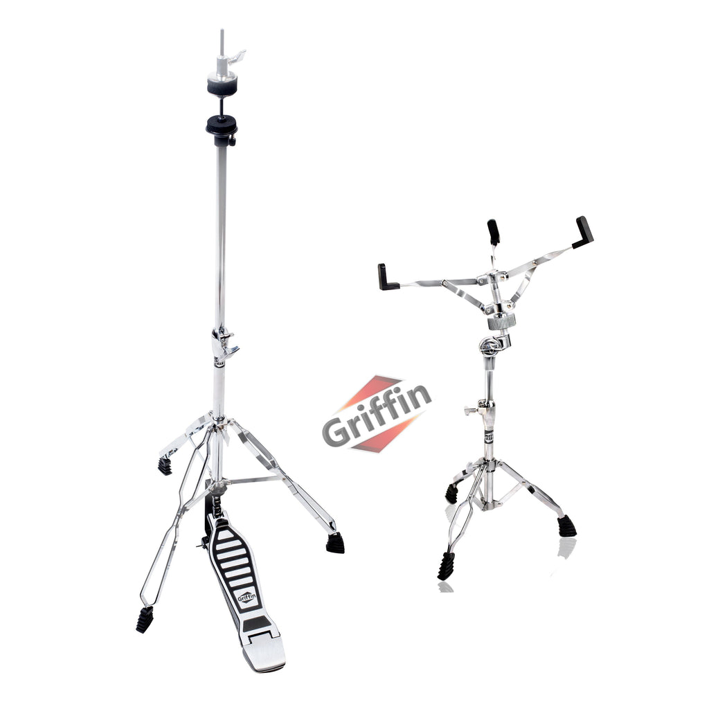 Drum Hardware Set - Hi-Hat Stand & Snare Drum Stand (2-Piece Kit) by GRIFFIN - Hi-Hat Pedal with Pull Chain, Chrome Double-Braced Kit & Mount Basket for Snares, Tom Drums & Practice Pad GeekStands.com