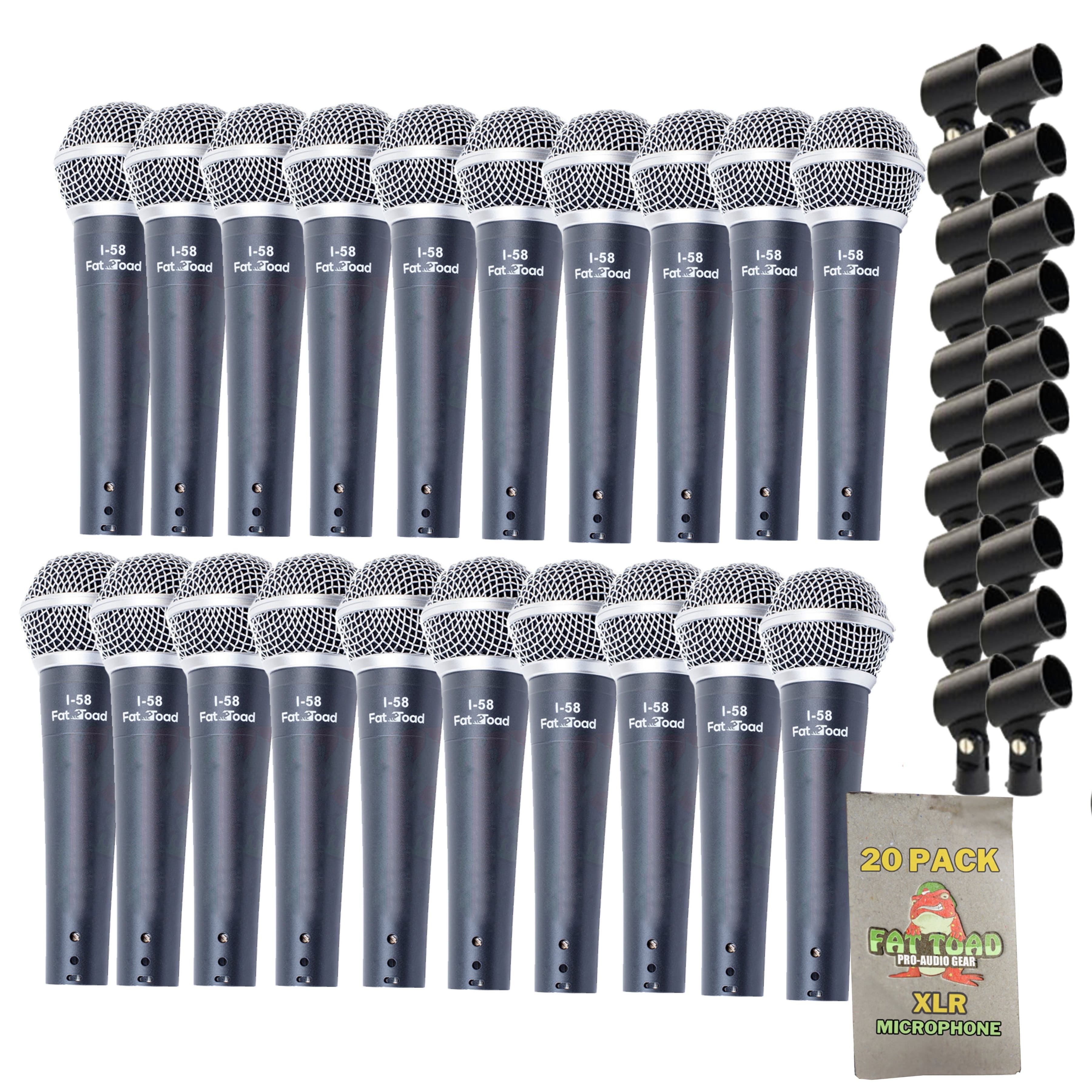 Cardioid Dynamic Microphones & Clips (20-Pack) by FAT TOAD - Vocal Handheld Unidirectional Mics for Music Stage Performances, Studio Recording & DJ Karaoke GeekStands.com