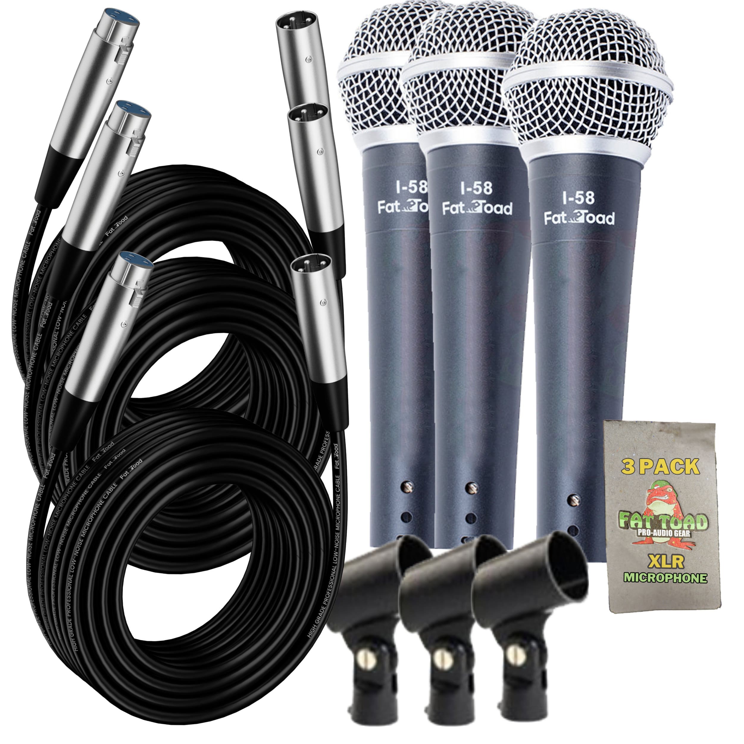 Dynamic Vocal Microphones with XLR Mic Cables & Clips (3 Pack) by FAT TOAD - Cardioid Handheld, Unidirectional for Home Music Live Studio Recording GeekStands.com