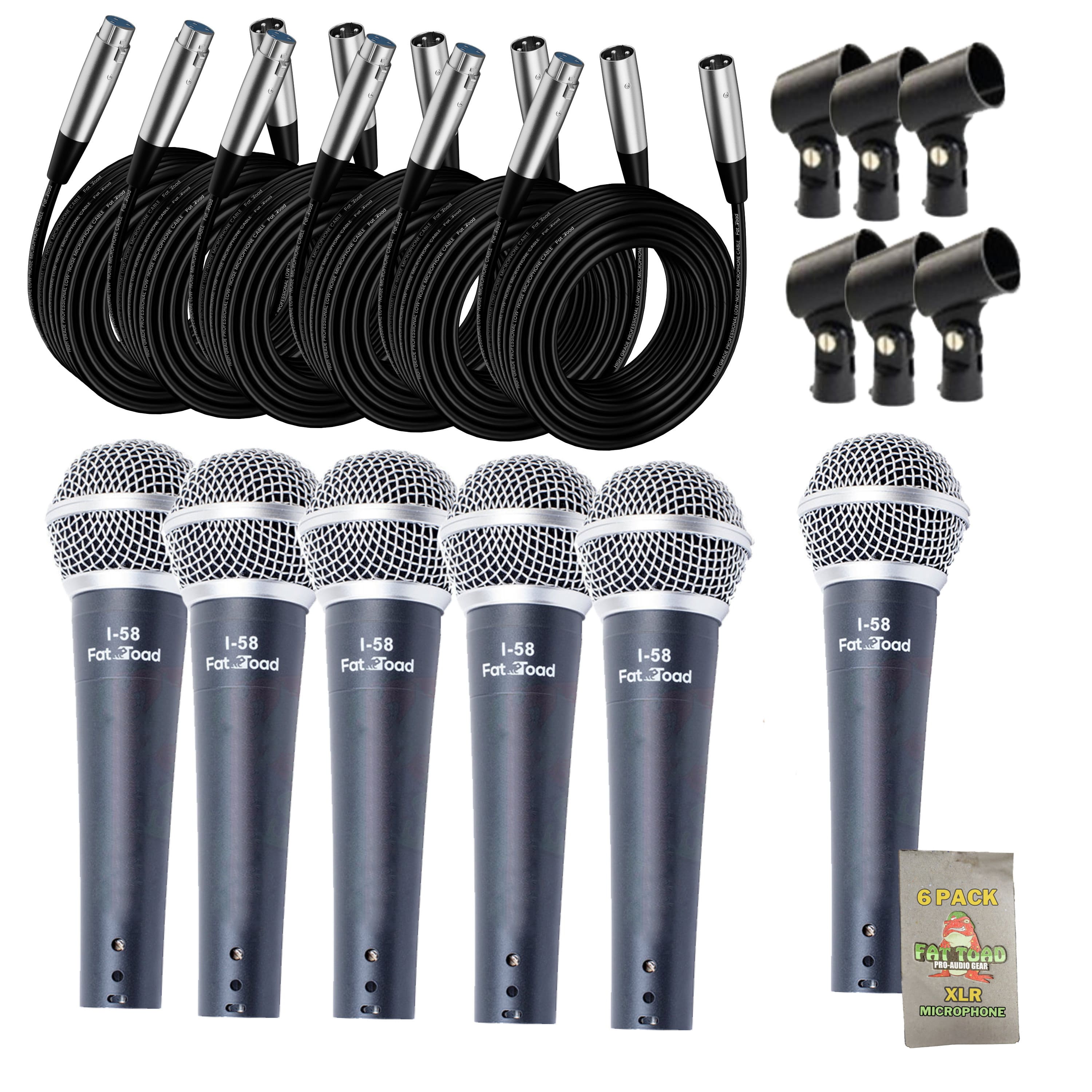 Cardioid Vocal Microphones with XLR Mic Cables & Clips (6 Pack) by FAT TOAD - Dynamic Handheld, Unidirectional for Studio Recording, Live Stage GeekStands.com