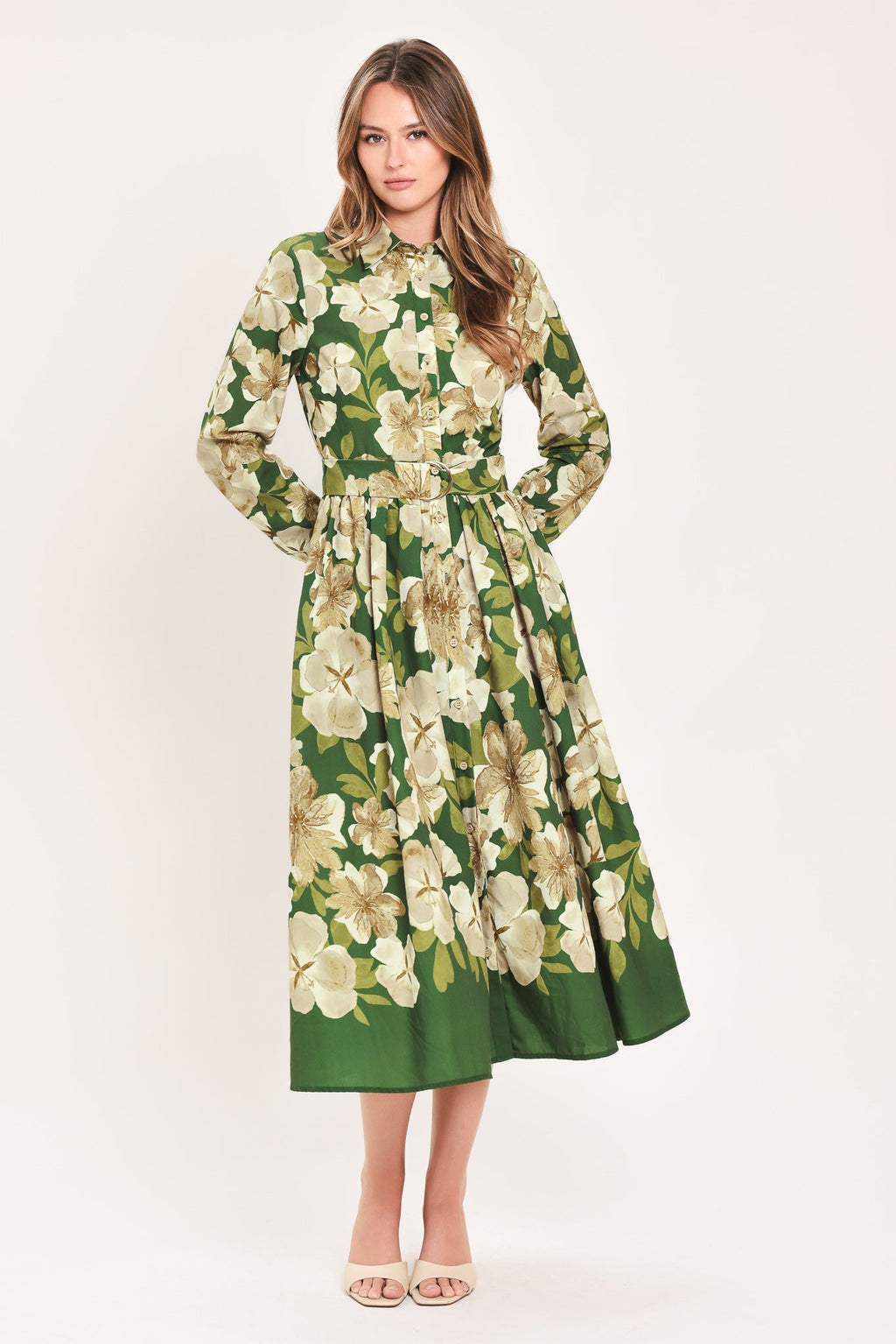 EVERGREEN CAMELLIA DREAM WOVEN MIDI SHIRT DRESS Flying Tomato