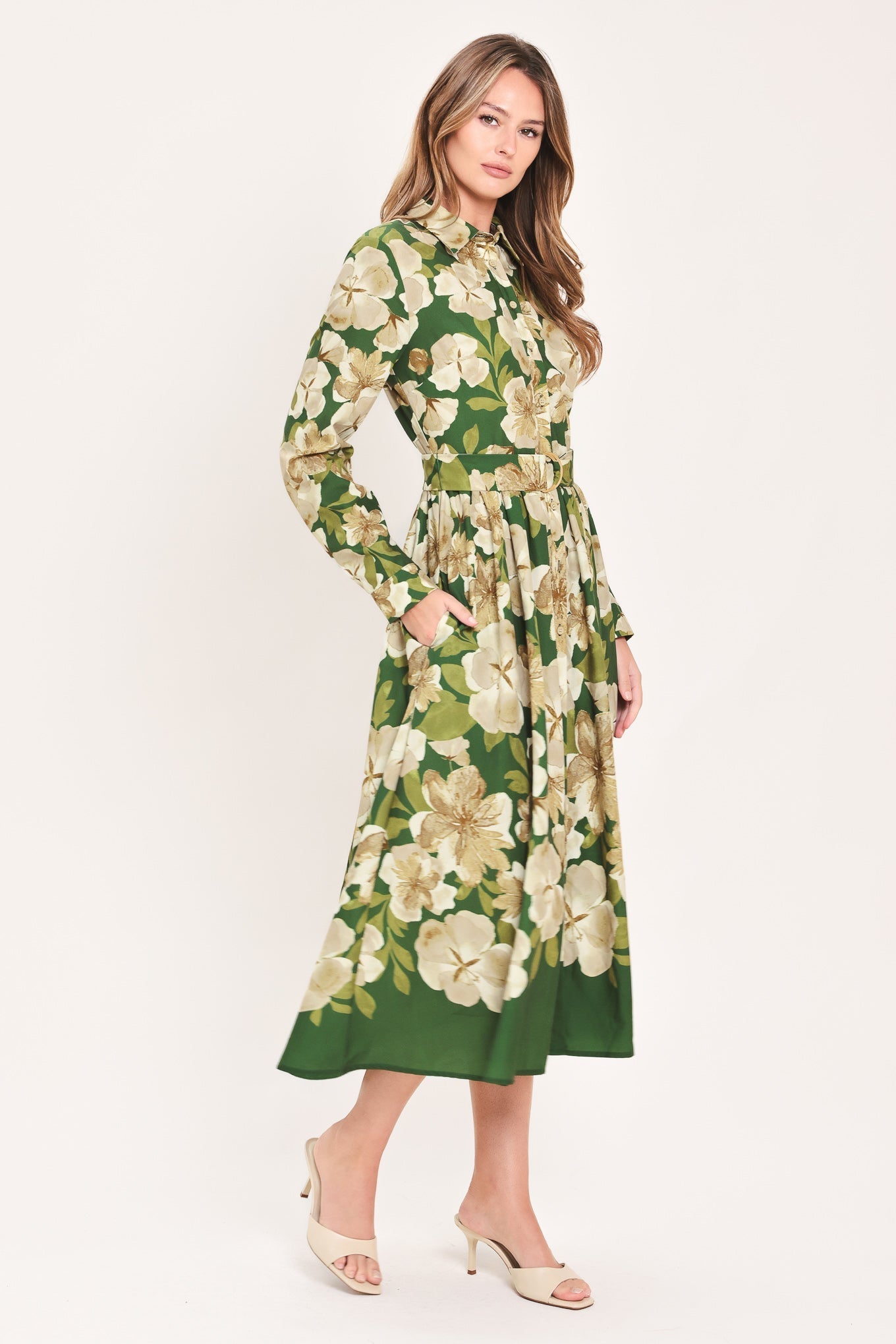 EVERGREEN CAMELLIA DREAM WOVEN MIDI SHIRT DRESS Flying Tomato
