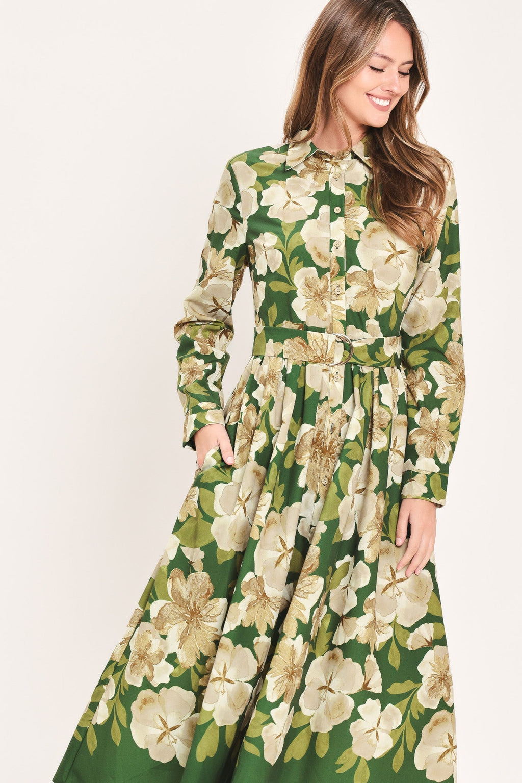 EVERGREEN CAMELLIA DREAM WOVEN MIDI SHIRT DRESS Flying Tomato