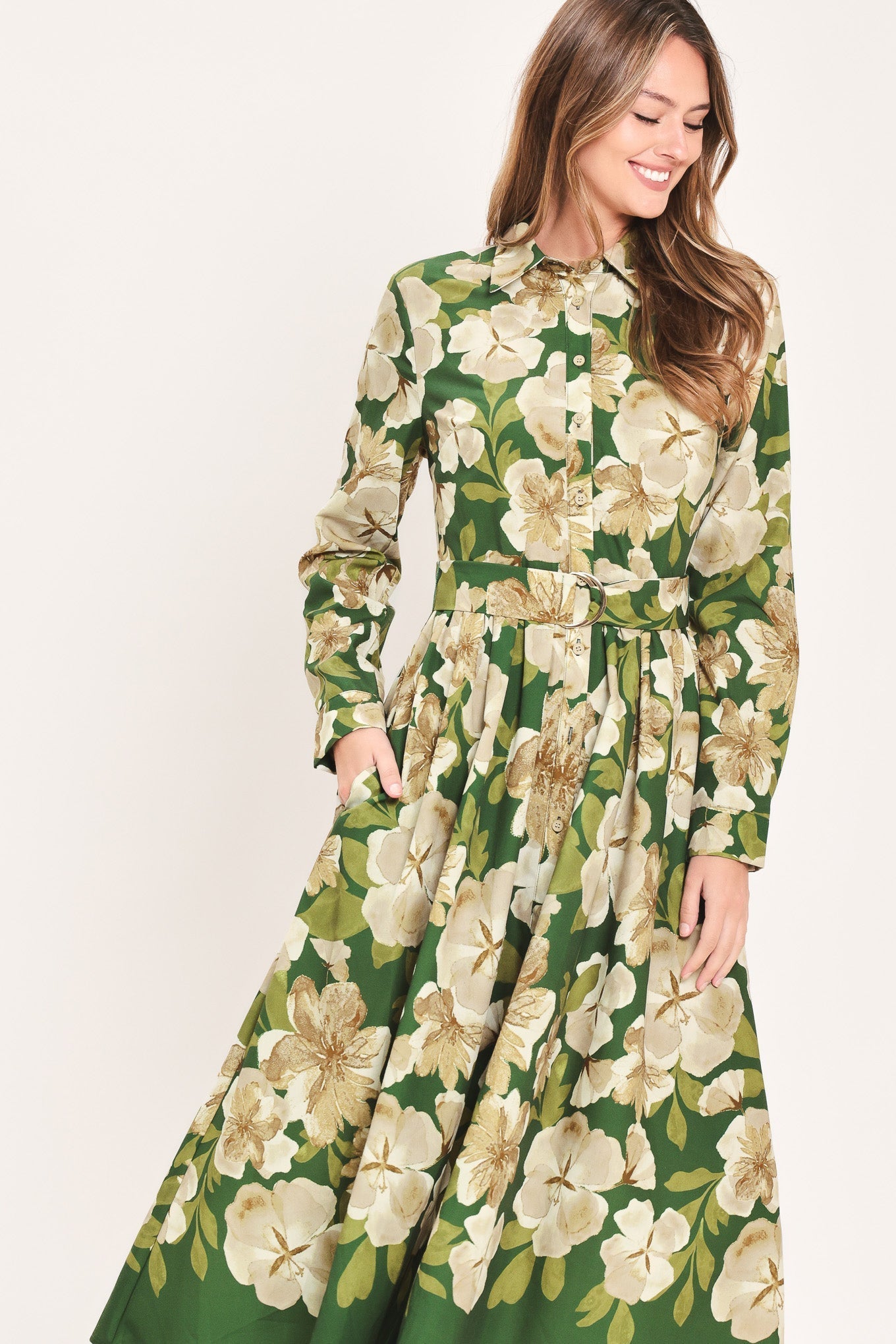 EVERGREEN CAMELLIA DREAM WOVEN MIDI SHIRT DRESS Flying Tomato