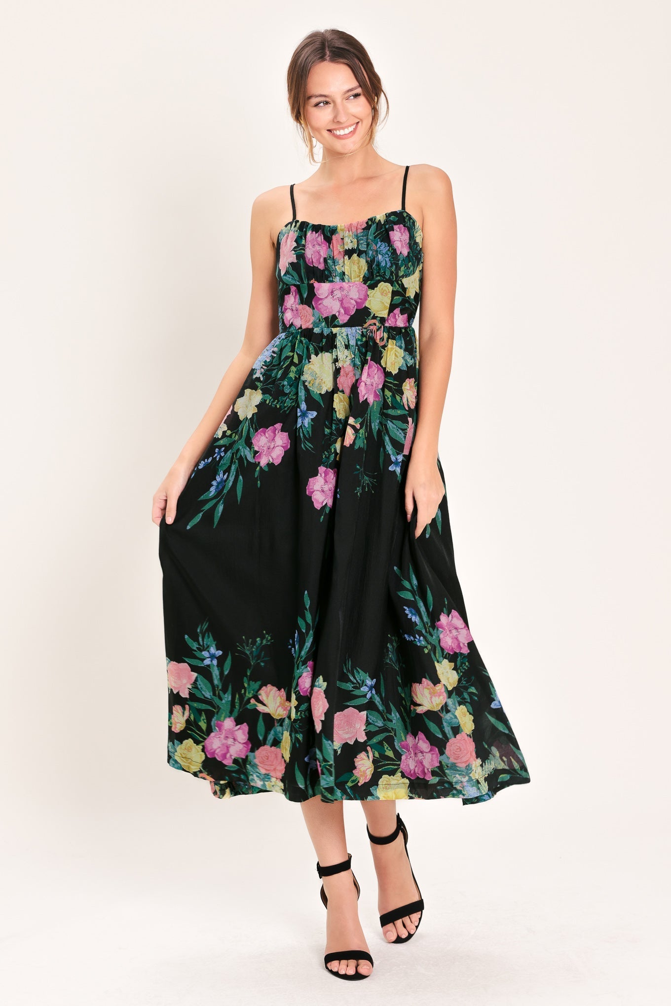 SHADOW FLORAL WOVEN MIDI DRESS Flying Tomato