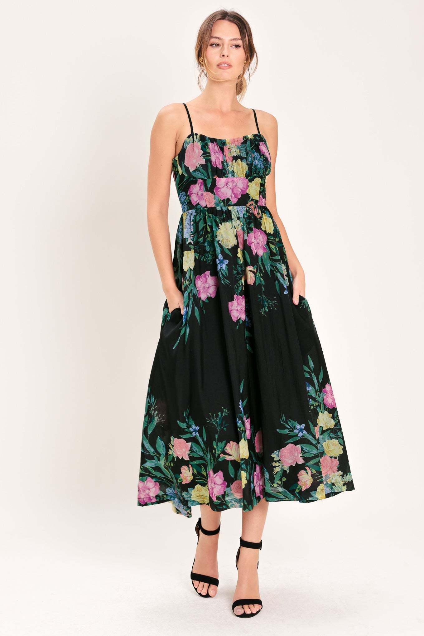 SHADOW FLORAL WOVEN MIDI DRESS Flying Tomato