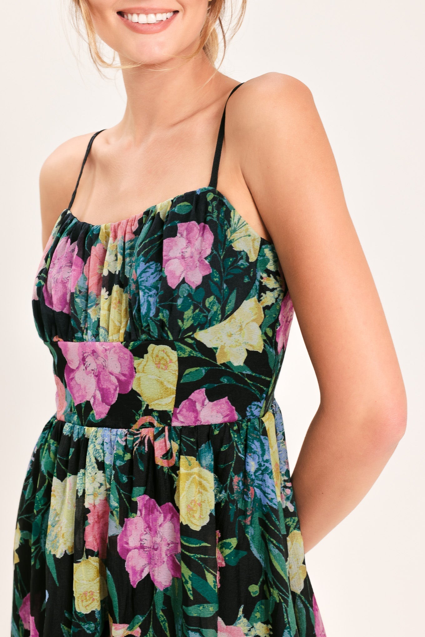 SHADOW FLORAL WOVEN MIDI DRESS Flying Tomato