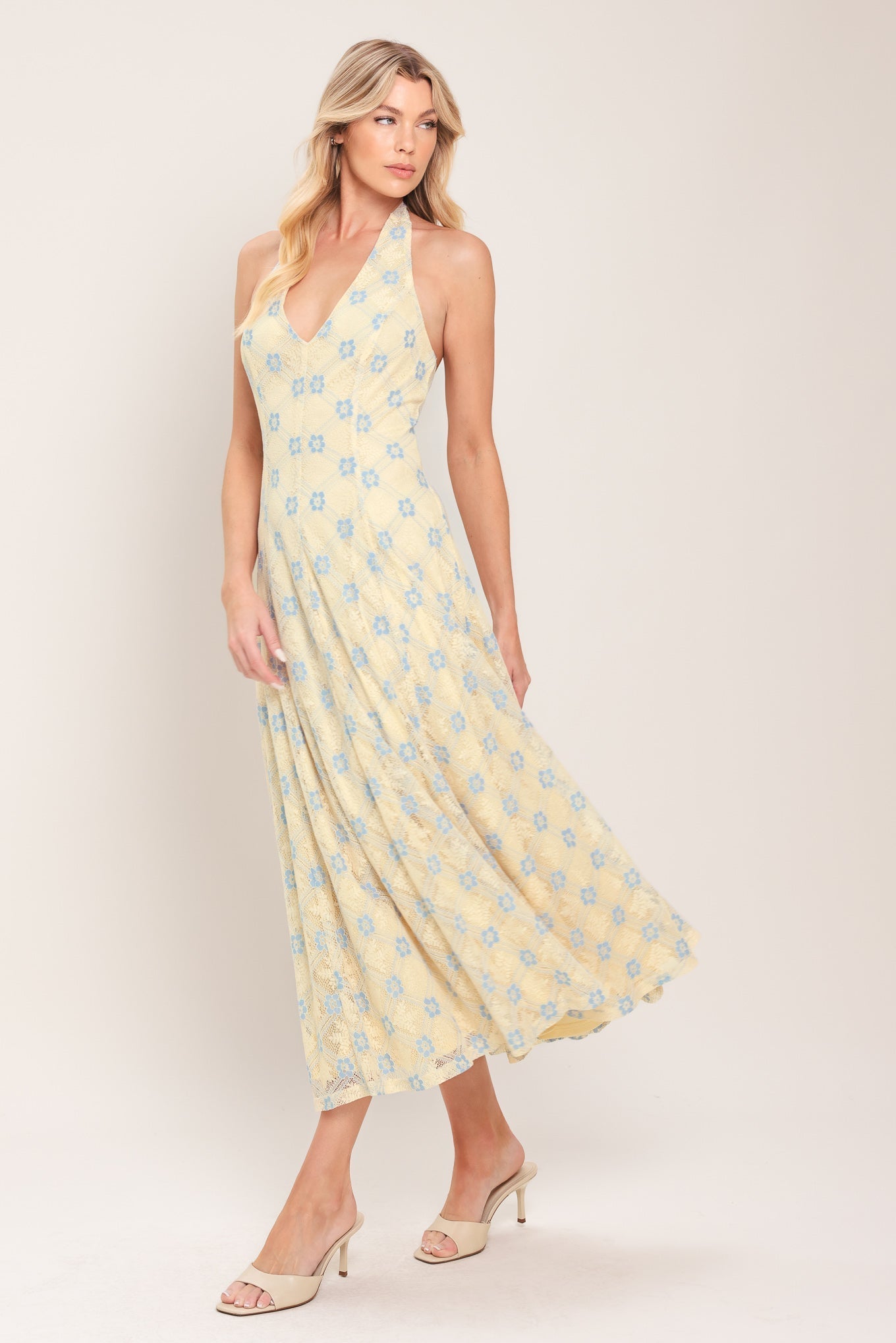 DELICATE BLOOM HALTER WOVEN LACE MIDI DRESS Flying Tomato